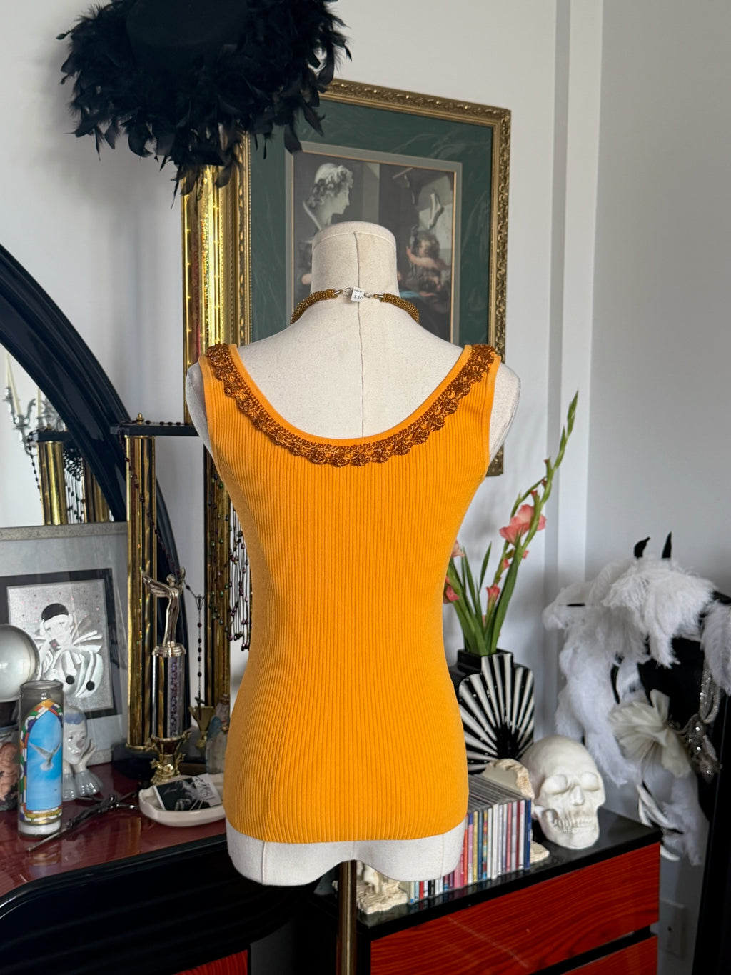 Caché Hand-Beaded Ribbed Knit Tank – Marigold