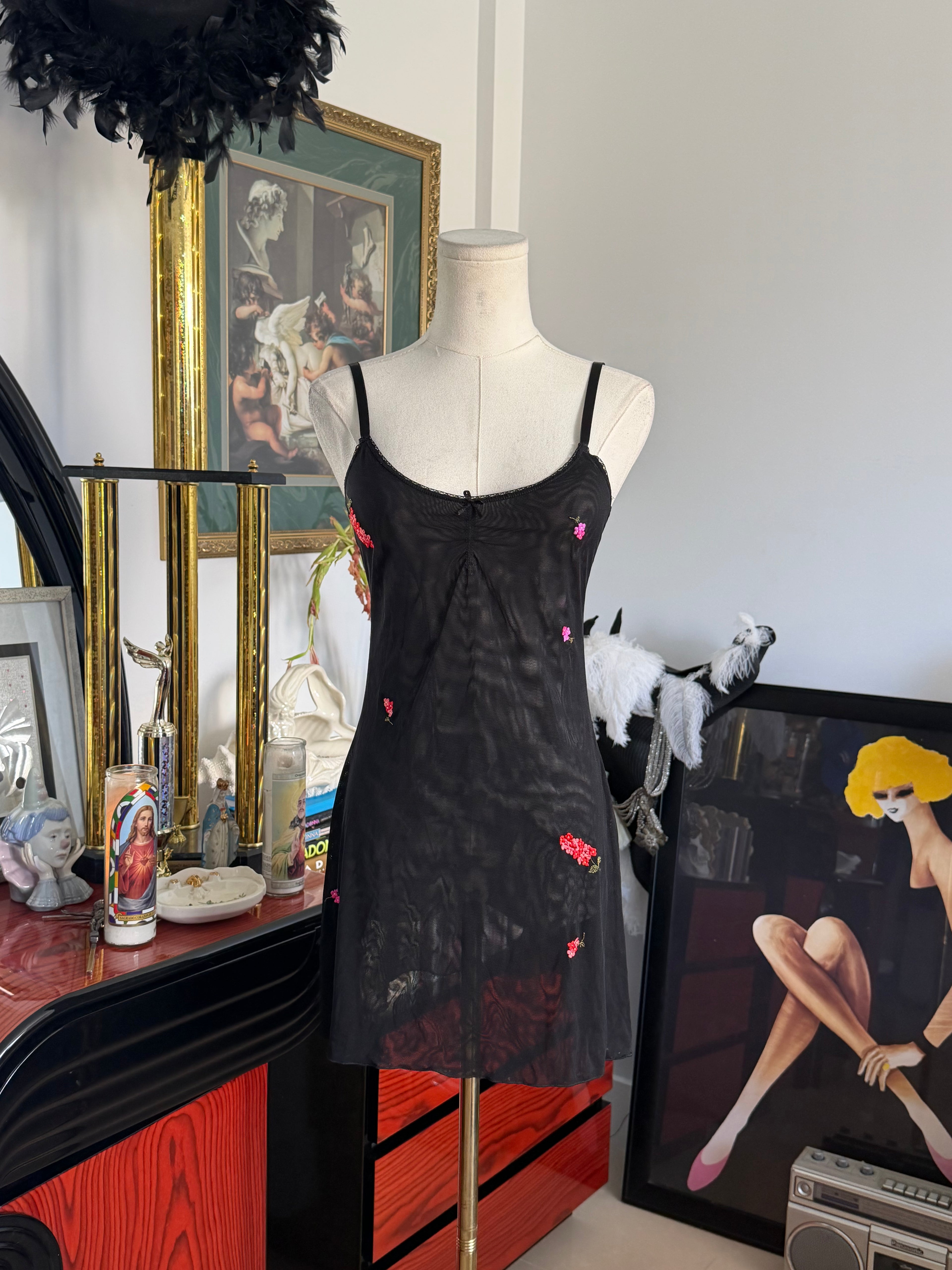 Blush Black Sheer Mesh Embroidered Floral Slip Dress