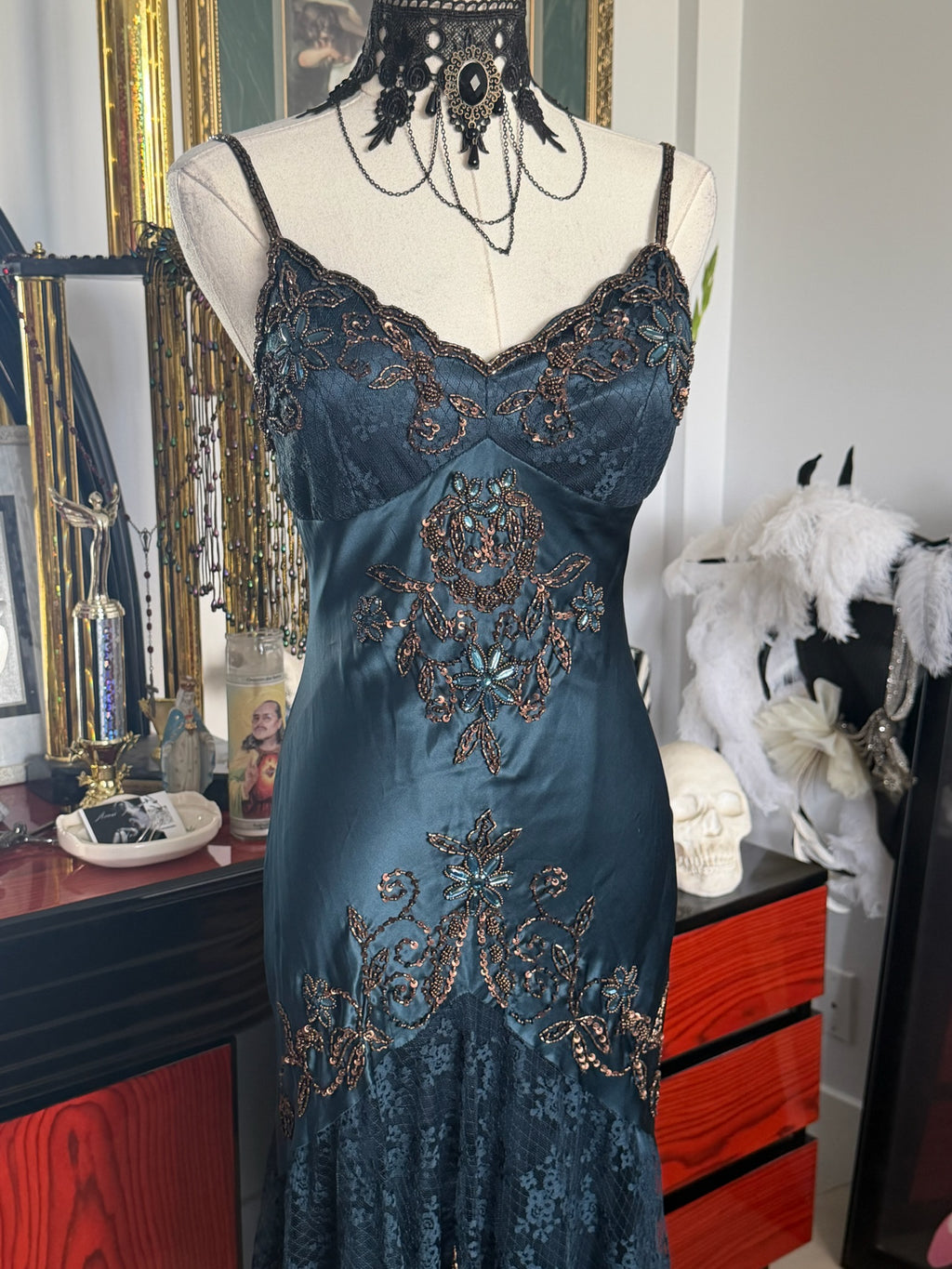 Cache Teal Beaded Lace Slip Dress 2
