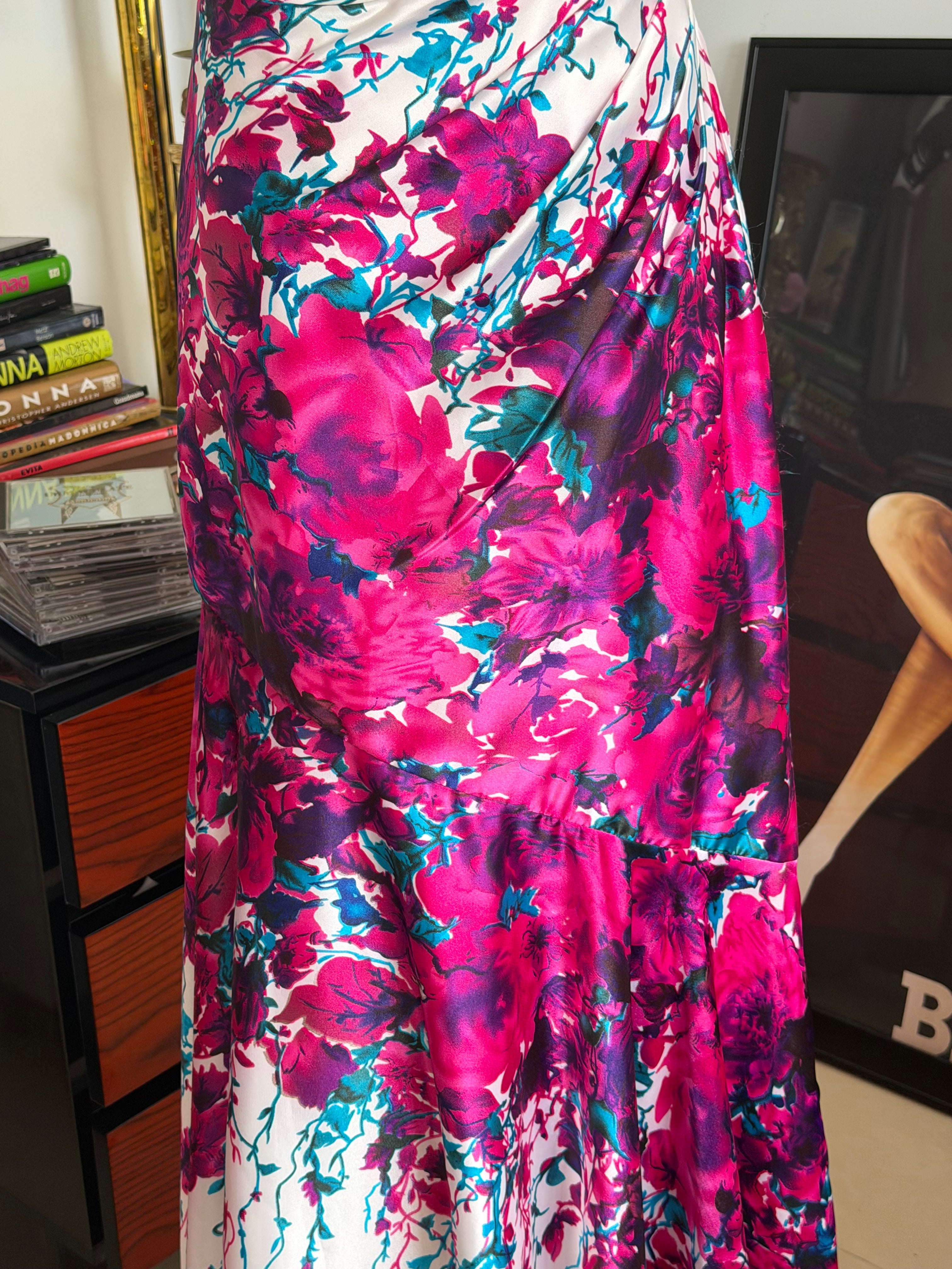 Cache Floral Satin Strapless Maxi Dress - M
