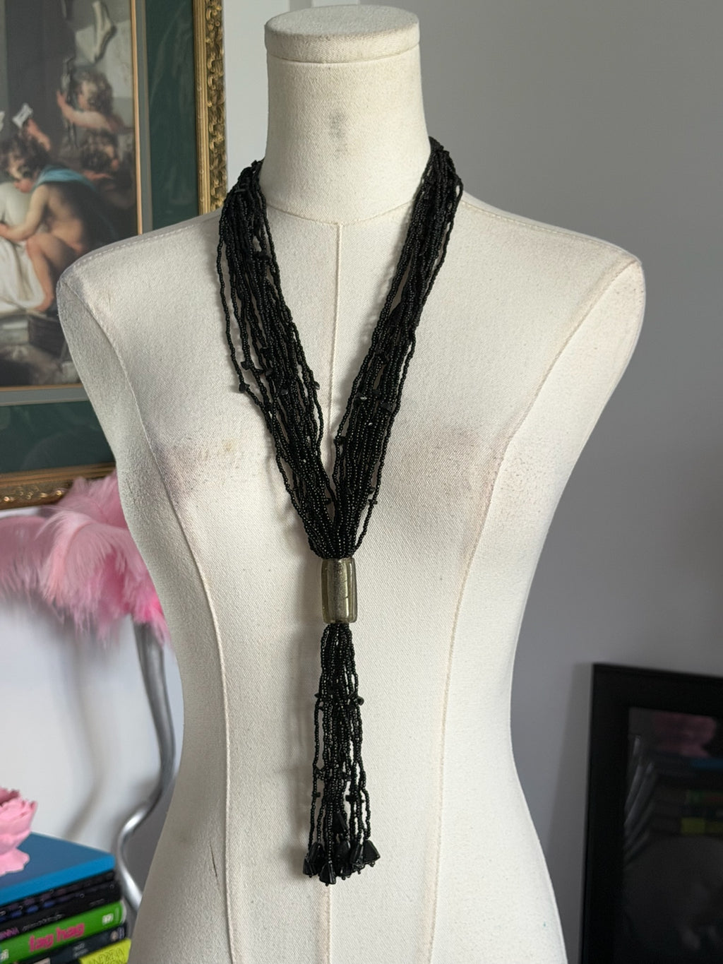 Black Multi-Strand Beaded Tassel Necklace