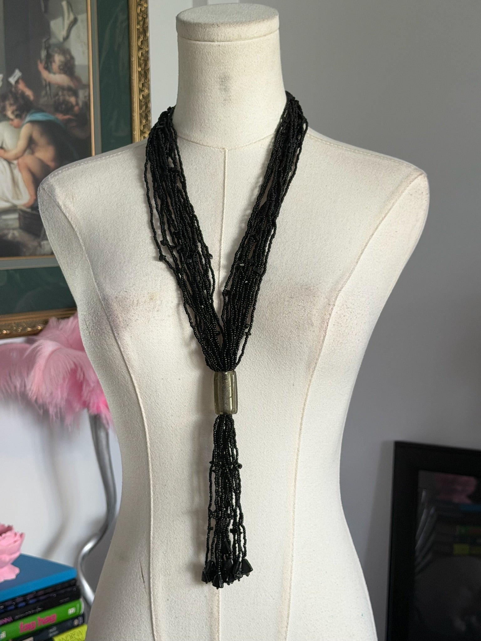 Black Multi-Strand Beaded Tassel Necklace