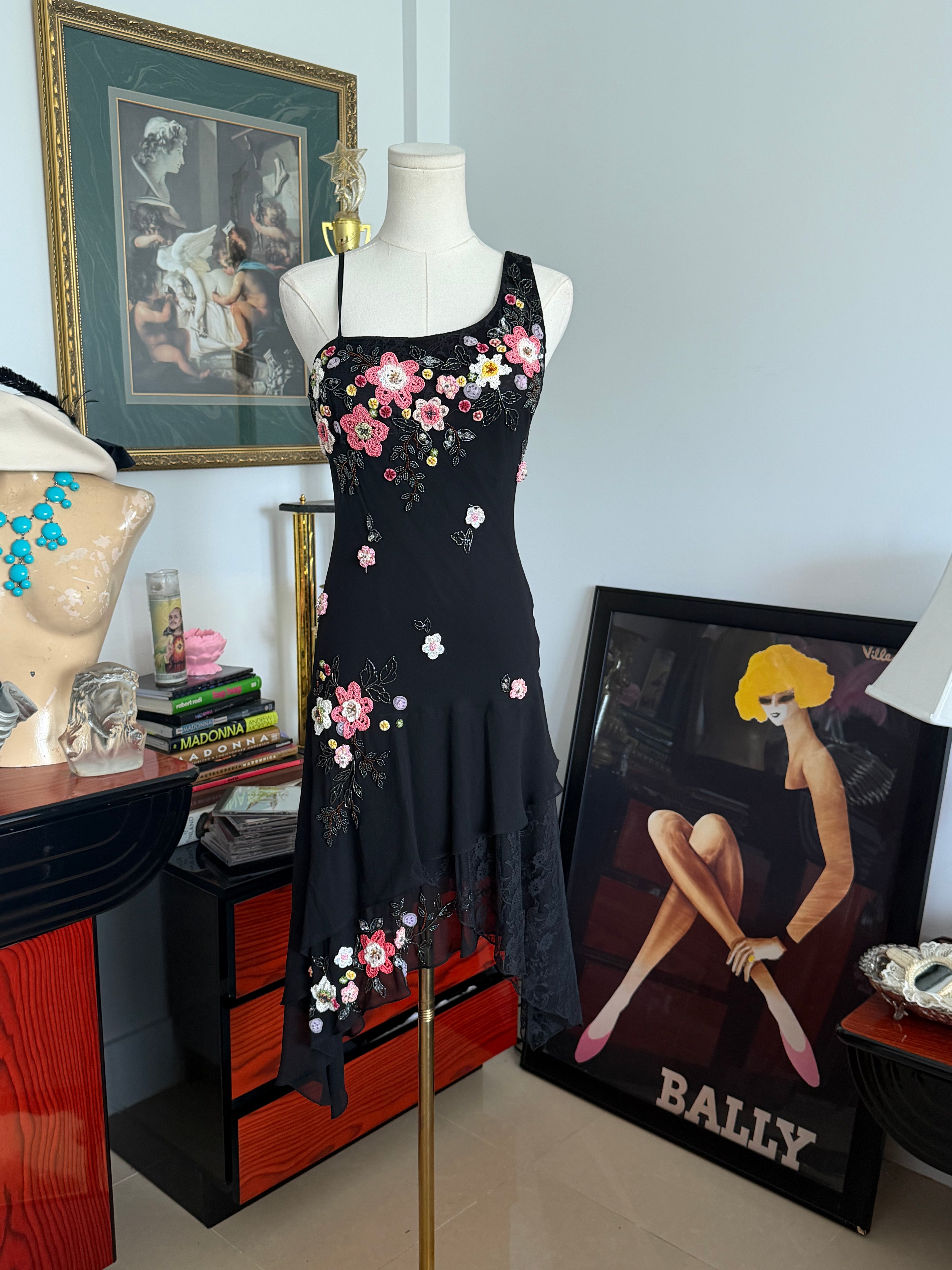 vintage Sue Wong, black silk floral, crochet, and beaded dress