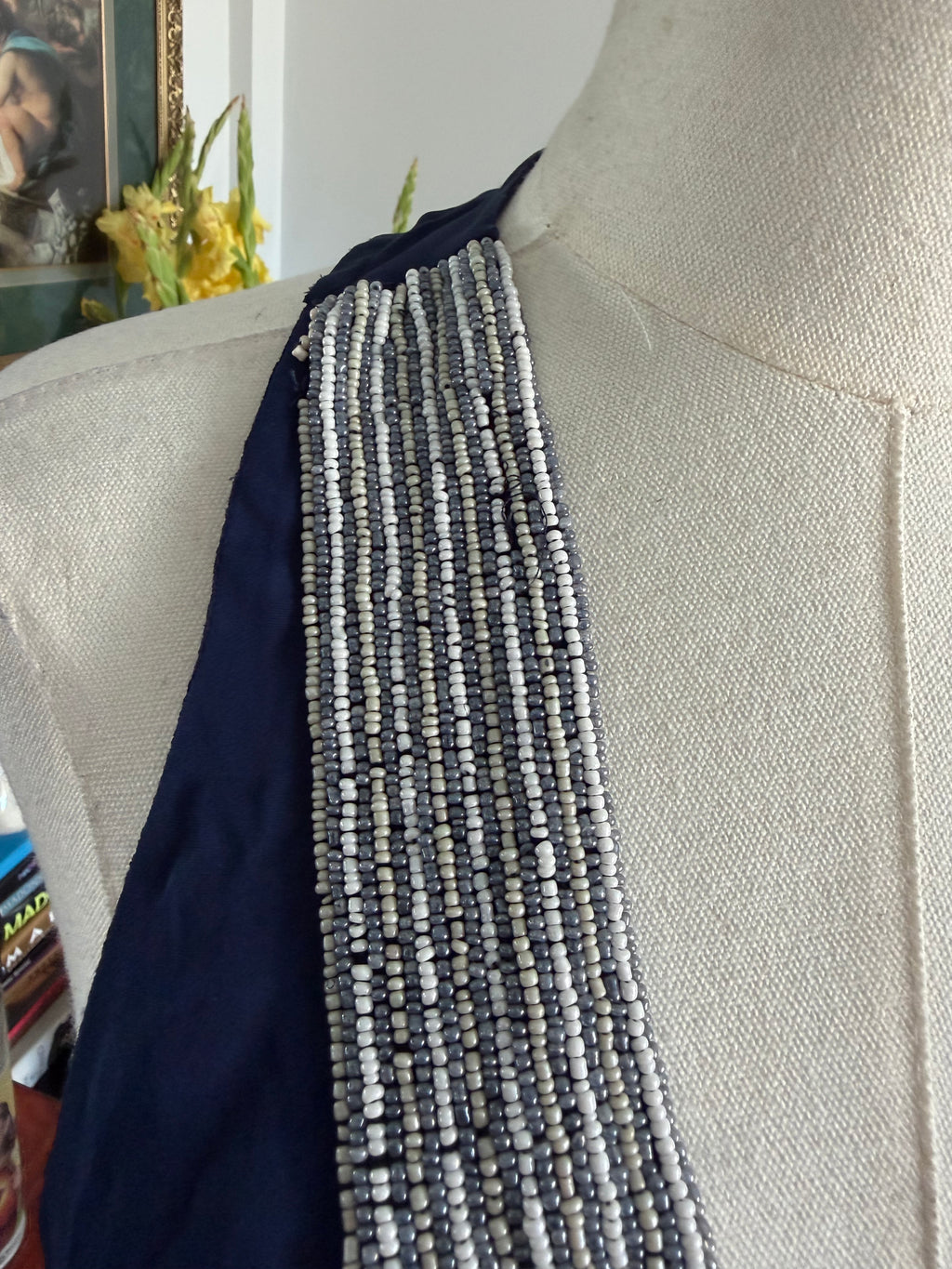 Parker Navy Beaded Silk-Feel Tank | Embellished Deep V Top | Size S