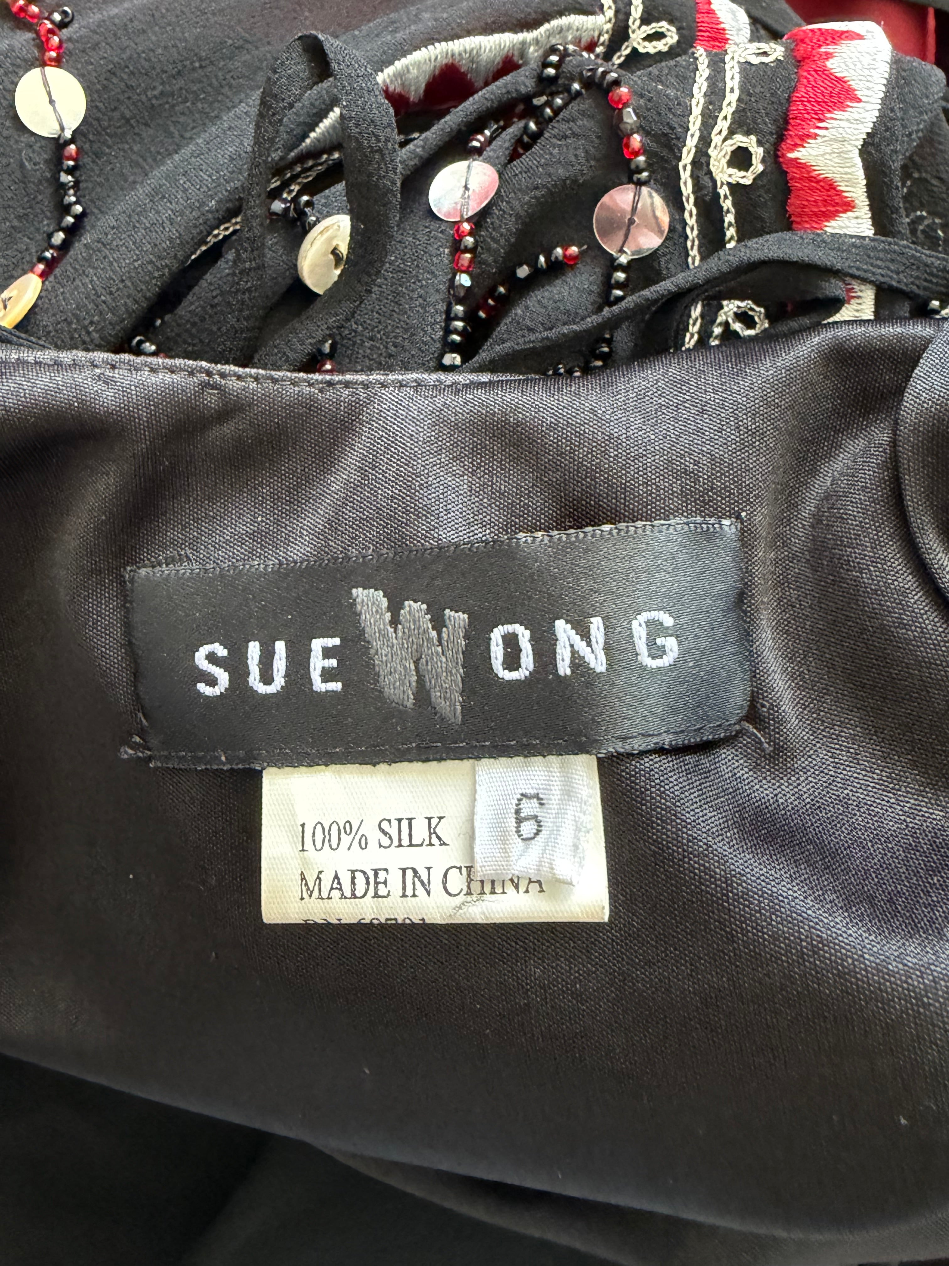 Vintage Sue Wong Black Silk Beaded Corset Illusion Handkerchief Dress -6