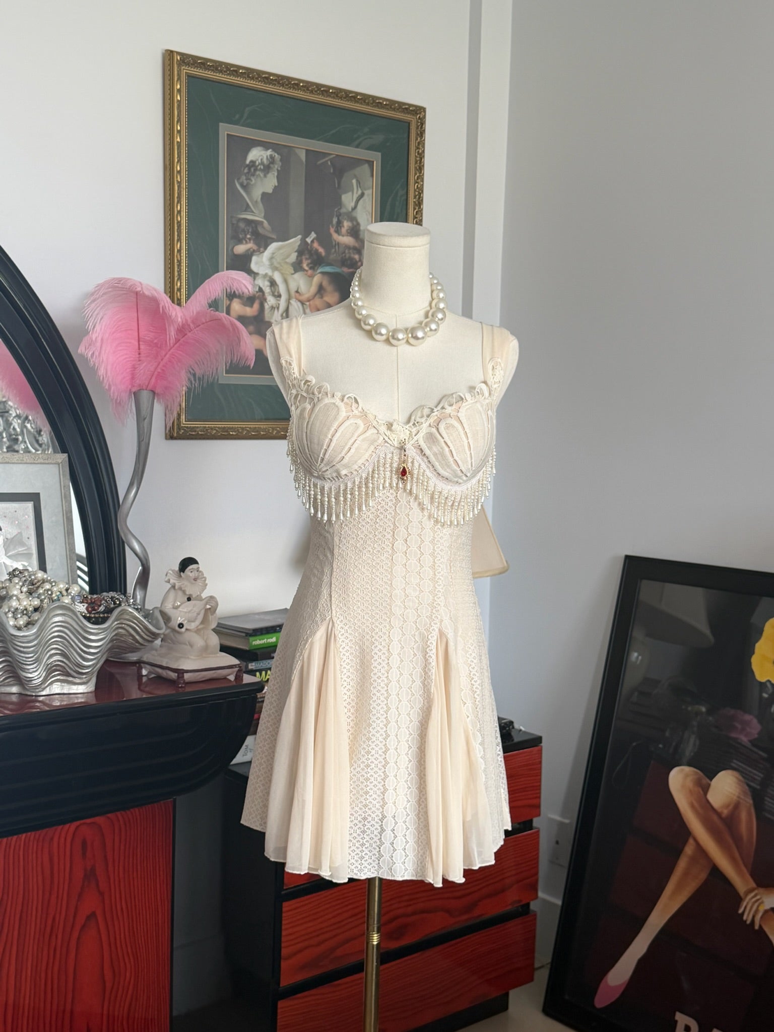 Cream Lace Angel Mini Dress Beaded Bust XL