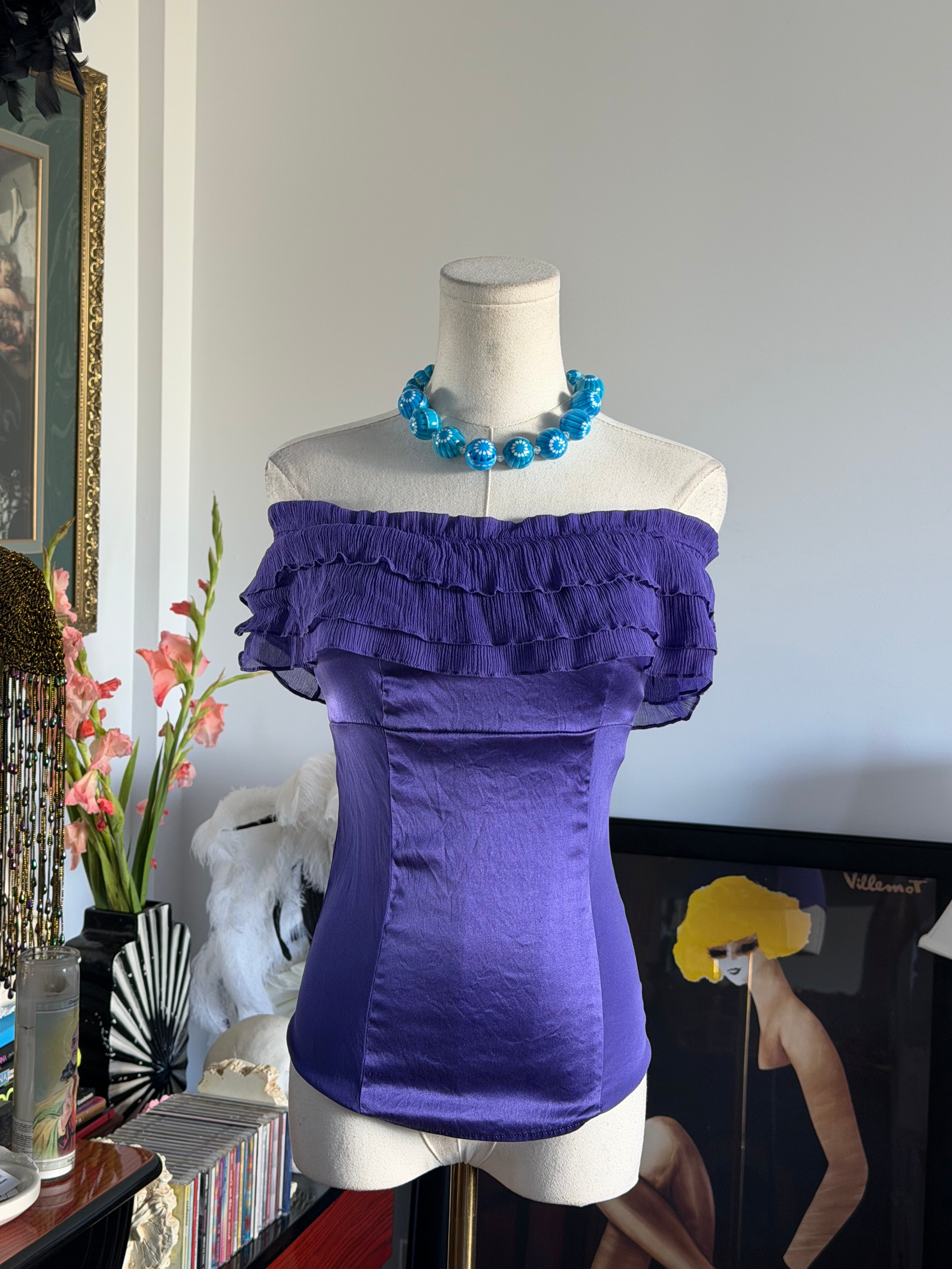 Vintage Marciano Purple Satin Ruffle Off Shoulder Top
