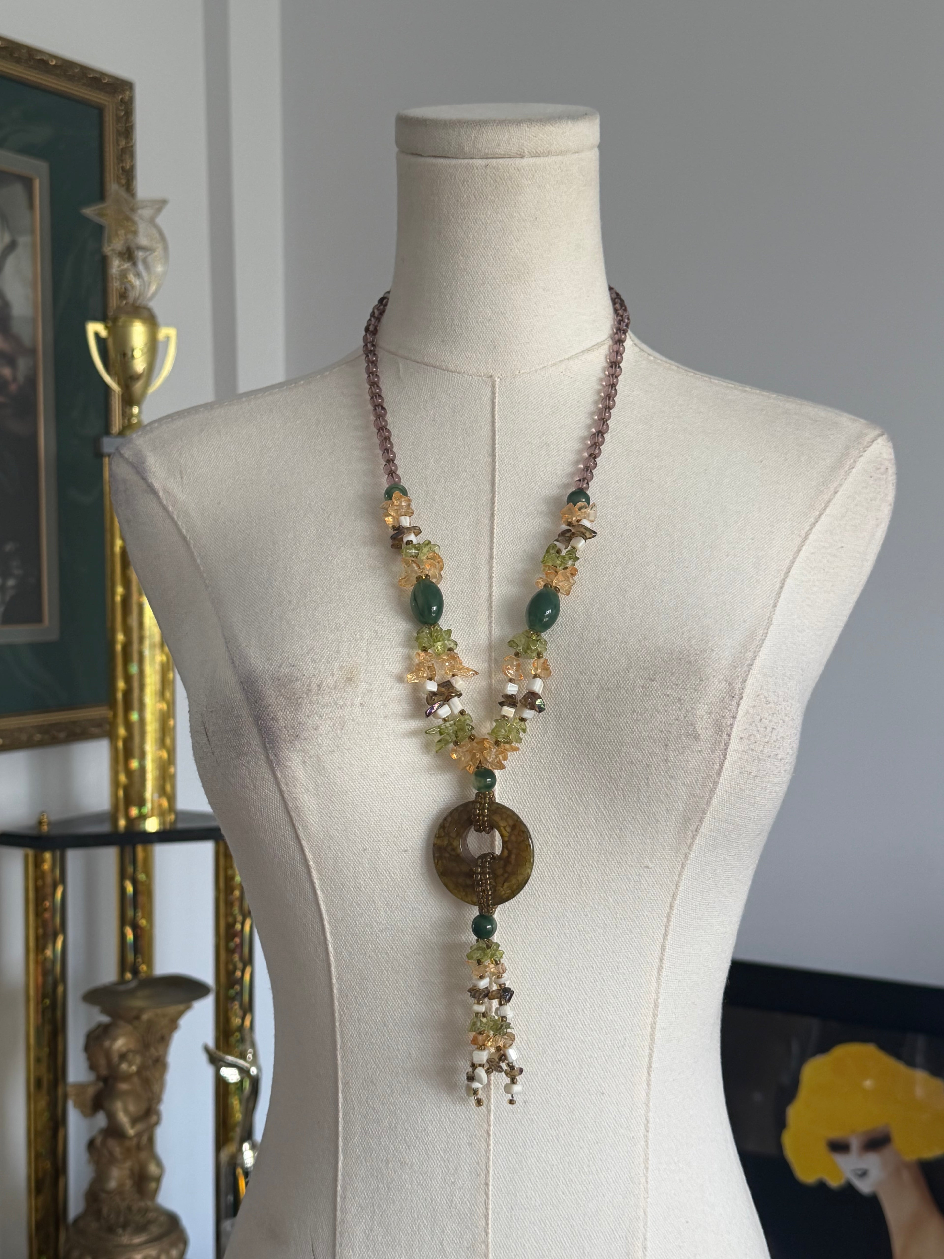 Vintage Earth Tone Stone Beaded Lariat Necklace