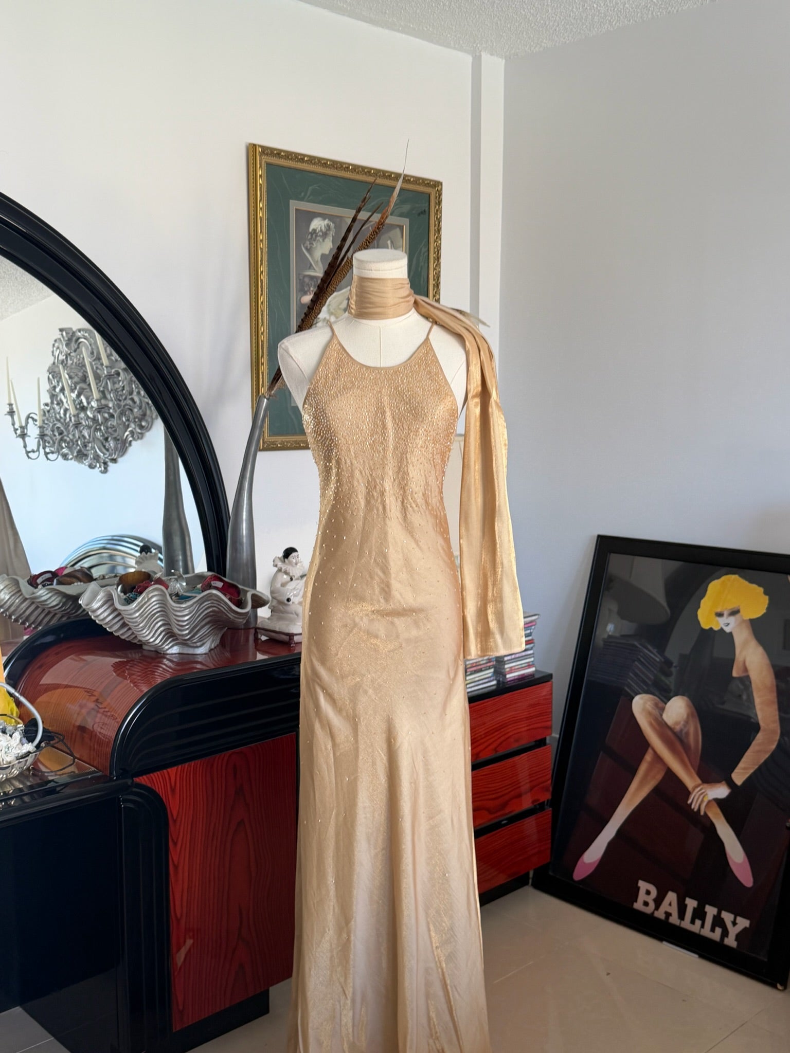 Champagne Gold Beaded Halter Gown + Scarf