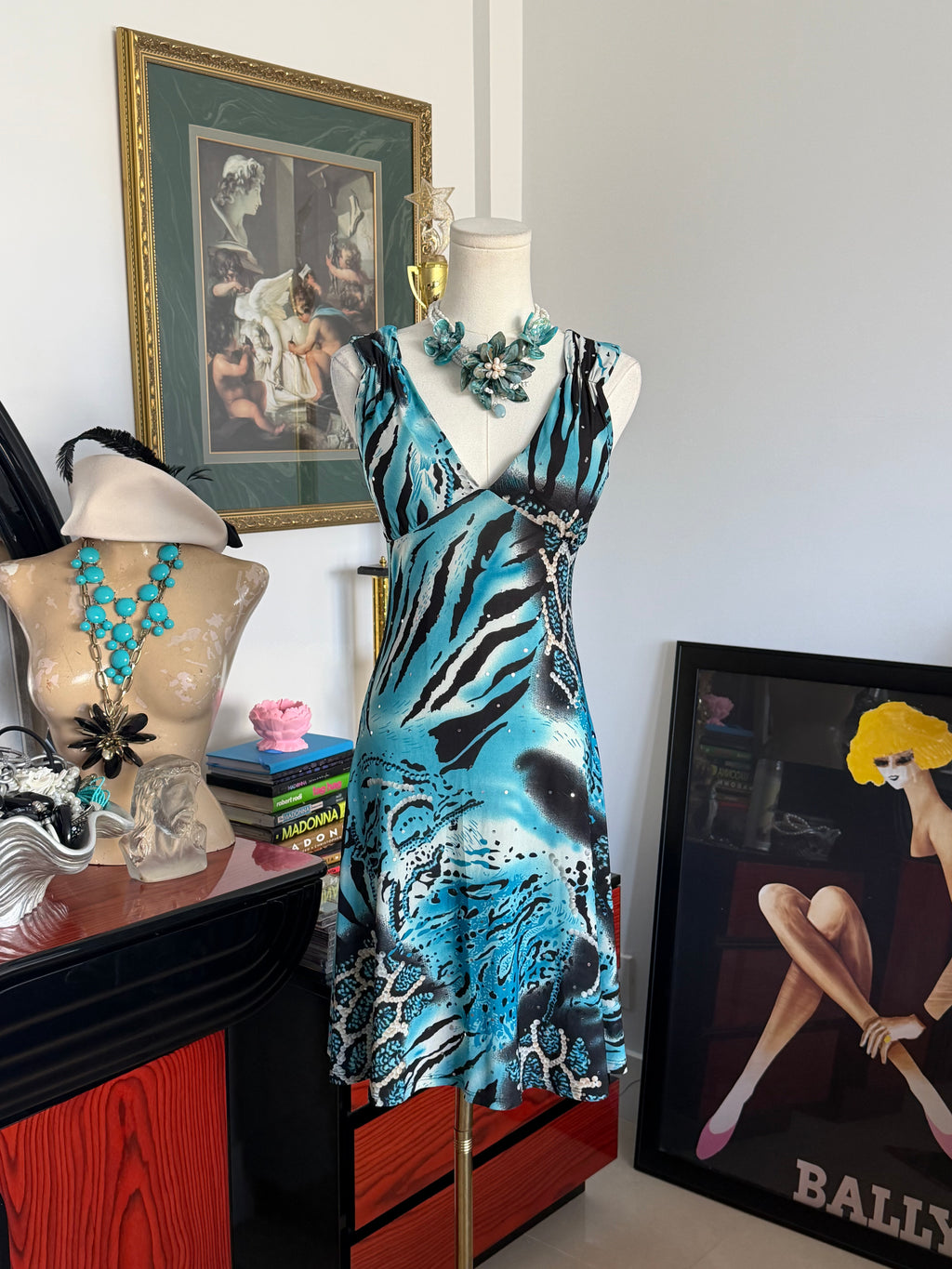 Y2K Turquoise Rhinestone Print Dress