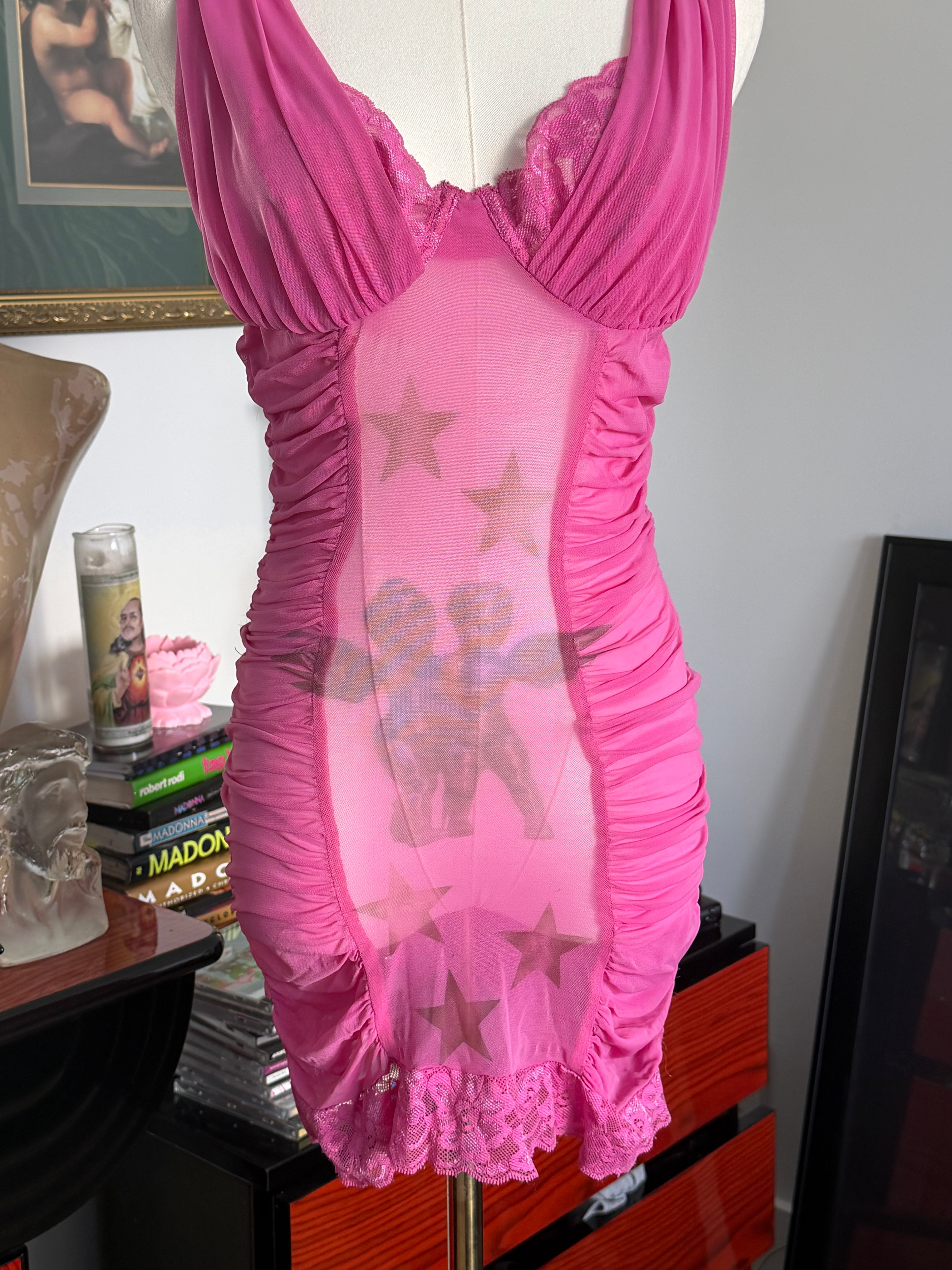 Frederick’s of Hollywood Pink Sheer Ruched Mini Dress xs- s