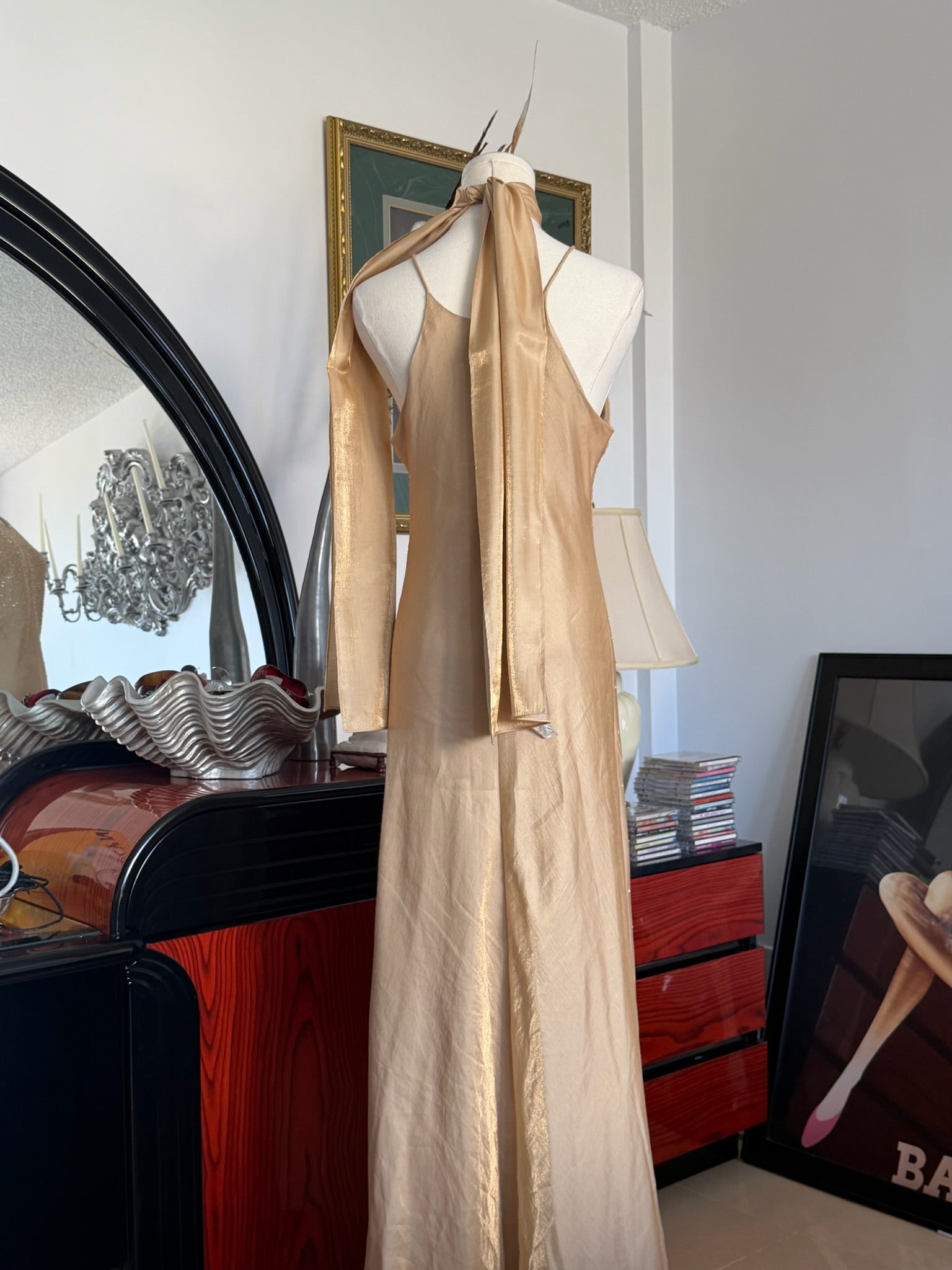 Champagne Gold Beaded Halter Gown + Scarf