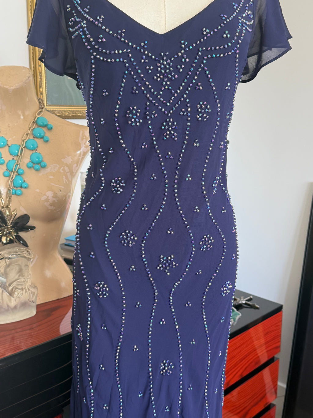 Metaphor navy beaded handkerchief hem evening dress | made in usa | size 12