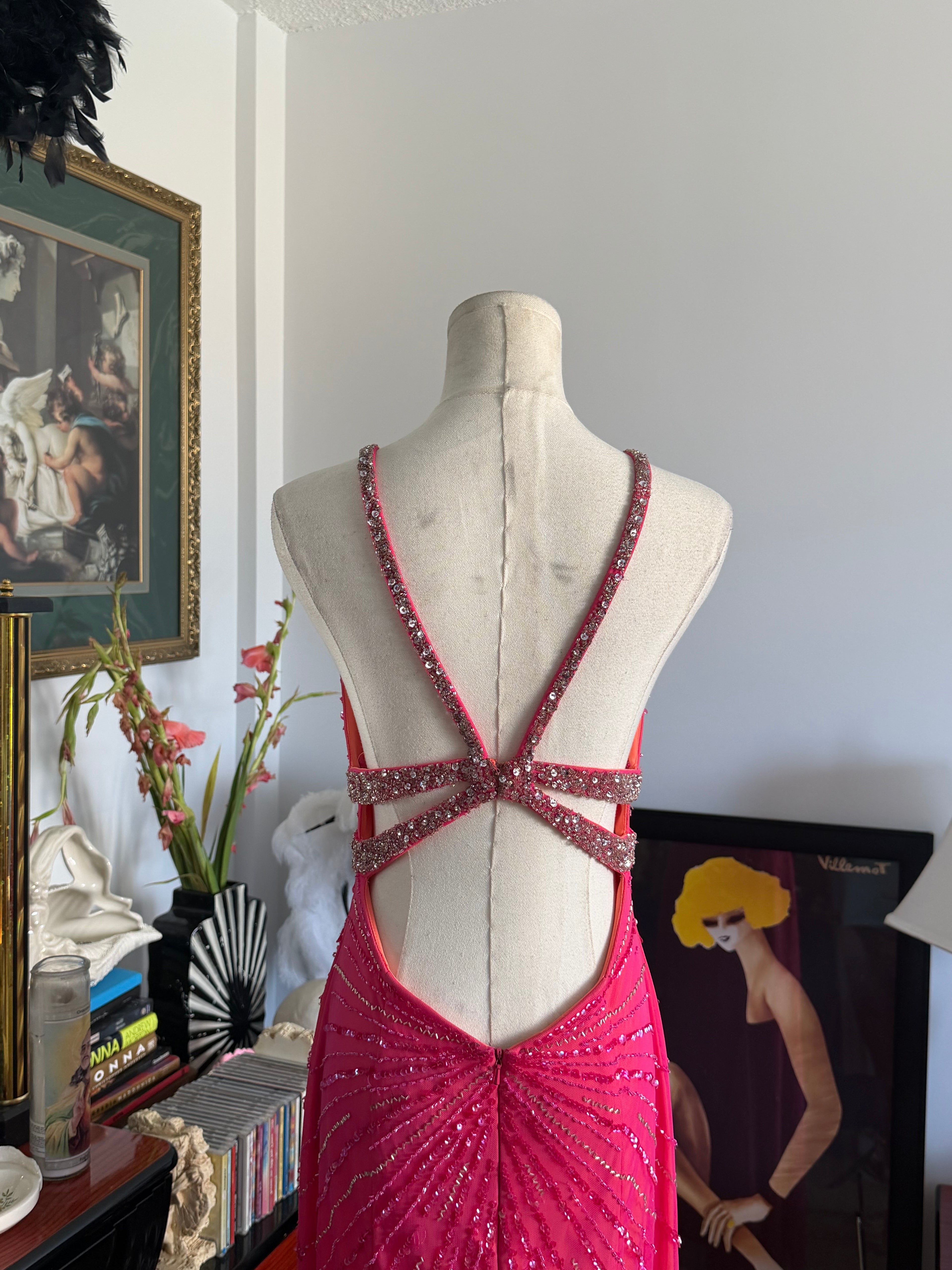Cecily Brown Hot Pink Beaded Rhinestone Open Back Evening Gown