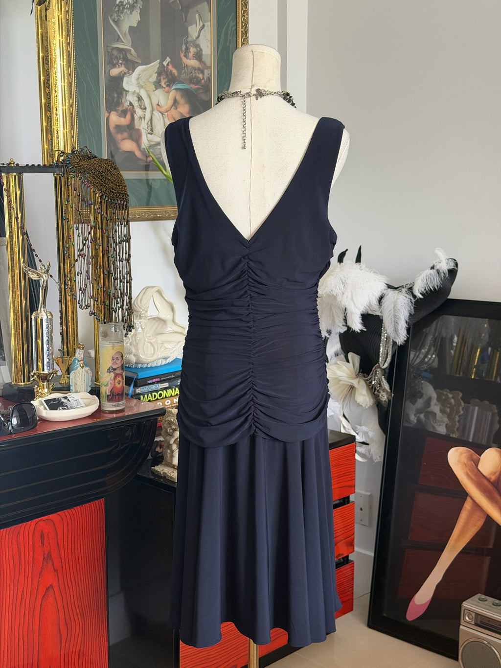 NW Collections Navy Draped Ruched Midi Dress