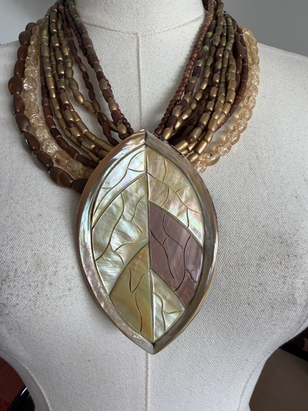 Vintage Mother of Pearl Leaf Statement Necklace | Multi Strand Artisan Necklace