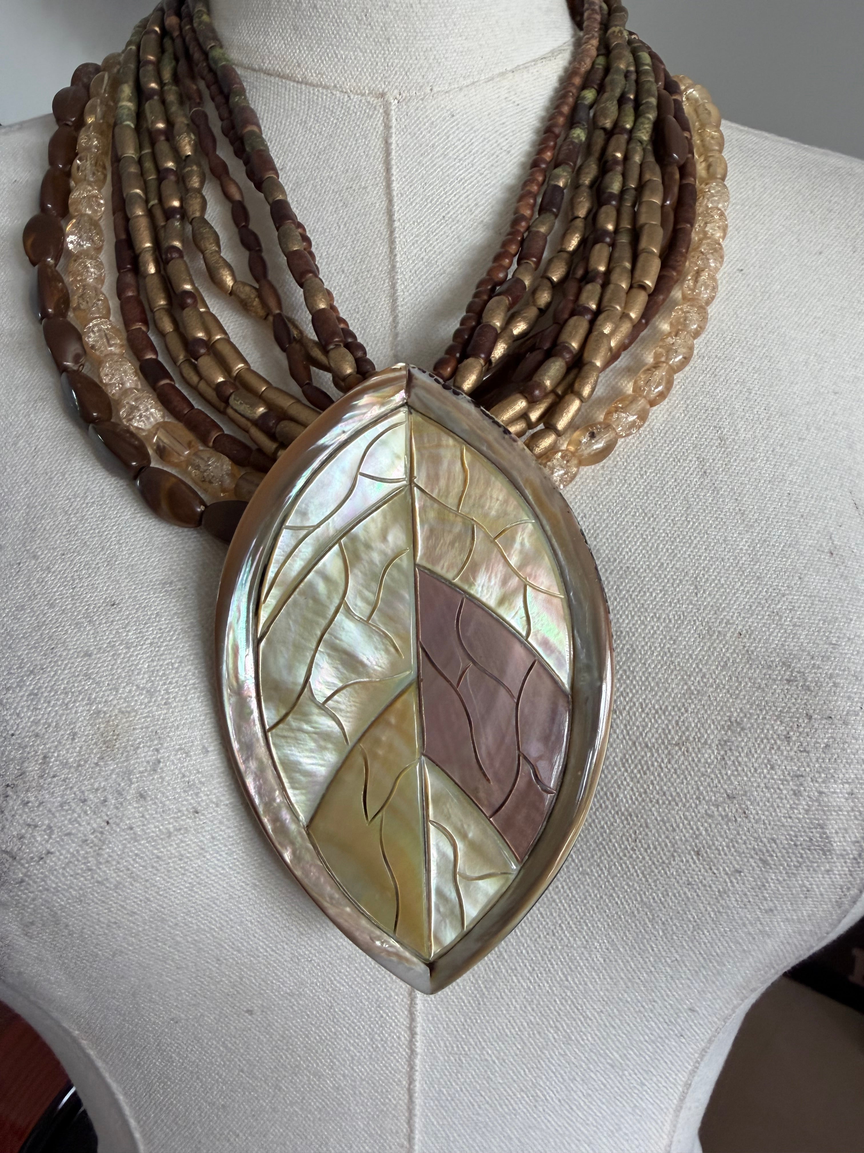 Vintage Mother of Pearl Leaf Statement Necklace | Multi Strand Artisan Necklace