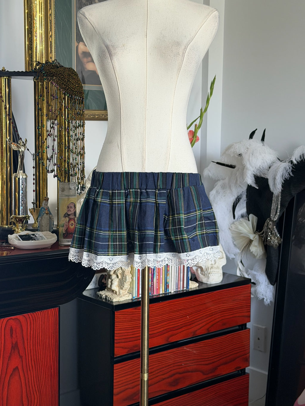 Plaid Lace Trim Mini Skirt | Coquette Preppy Pleated Skirt | Size M