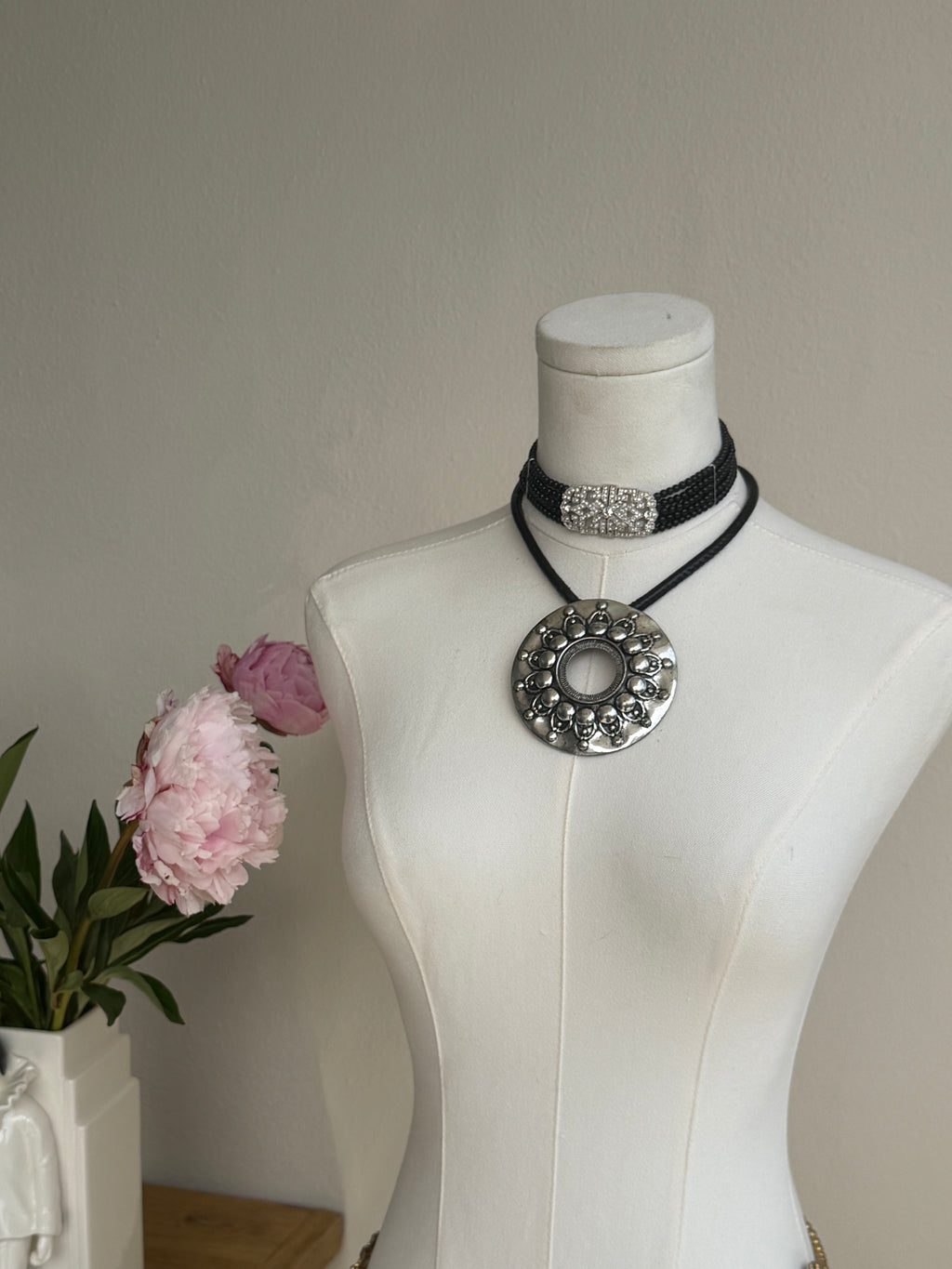 Silver Medallion Pendant Necklace on Black Cord