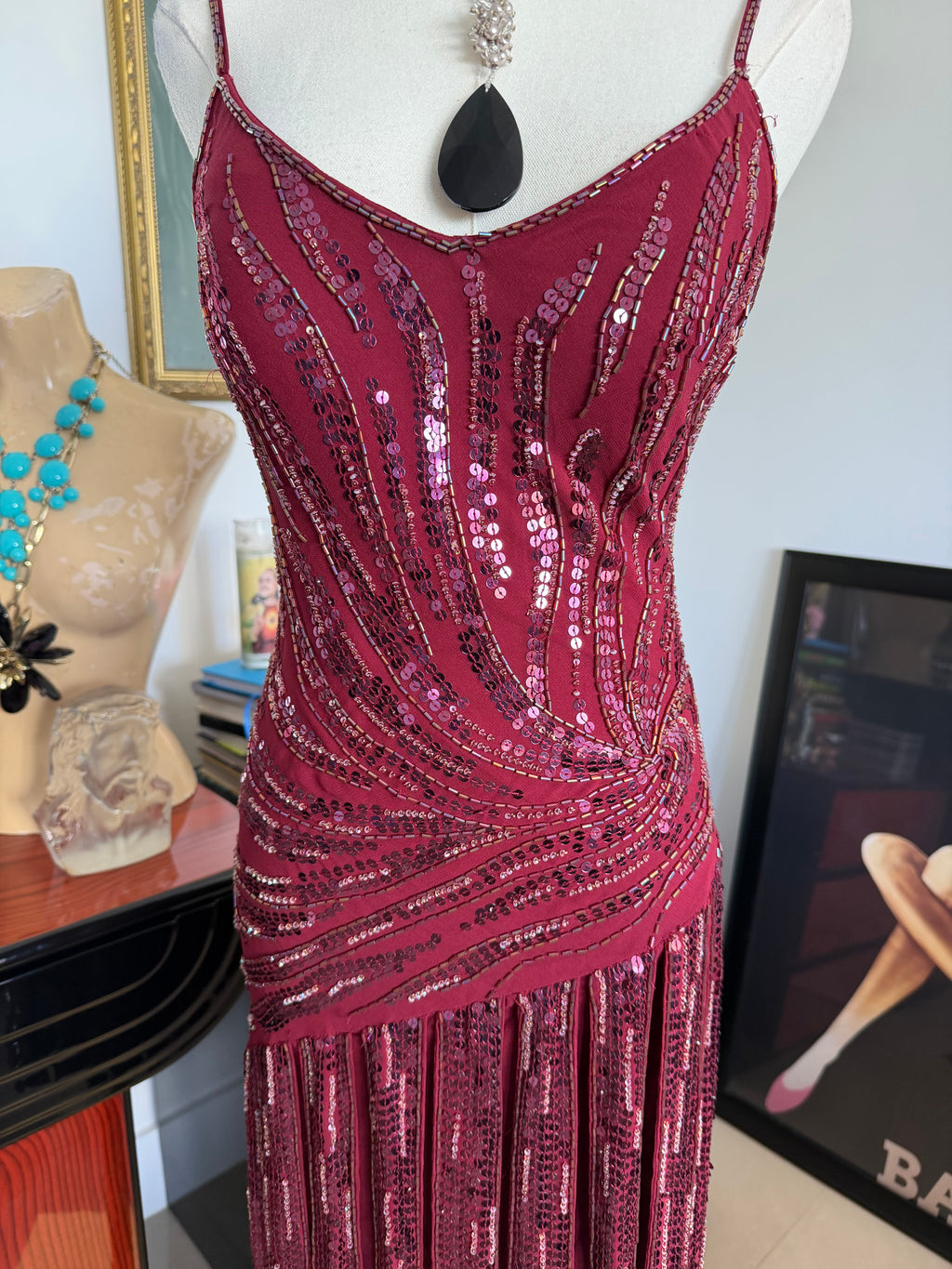 Vintage Sue Wong Burgundy Silk Beaded Cocktail Dress – Size 6