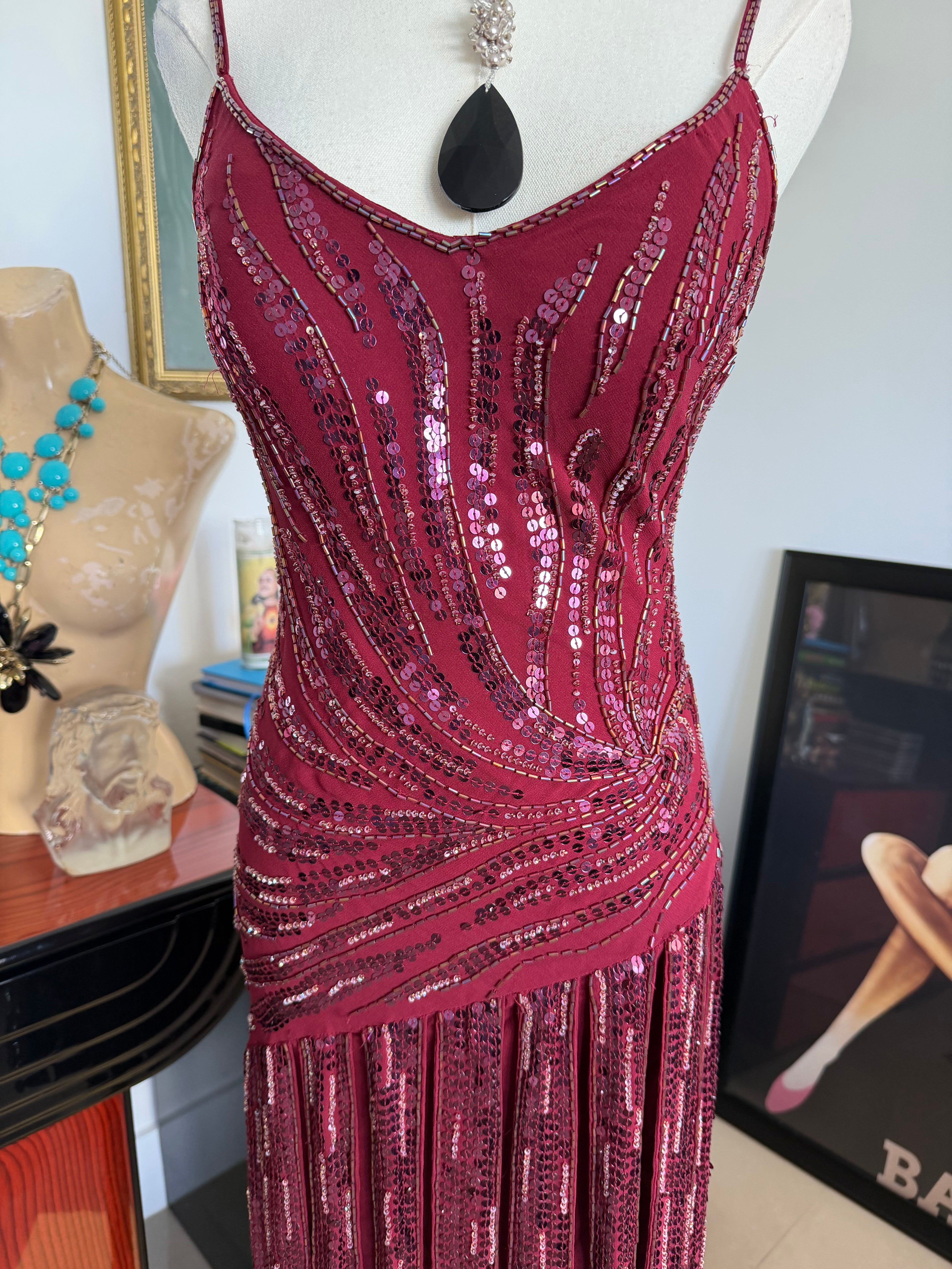Vintage Sue Wong Burgundy Silk Beaded Cocktail Dress – Size 6