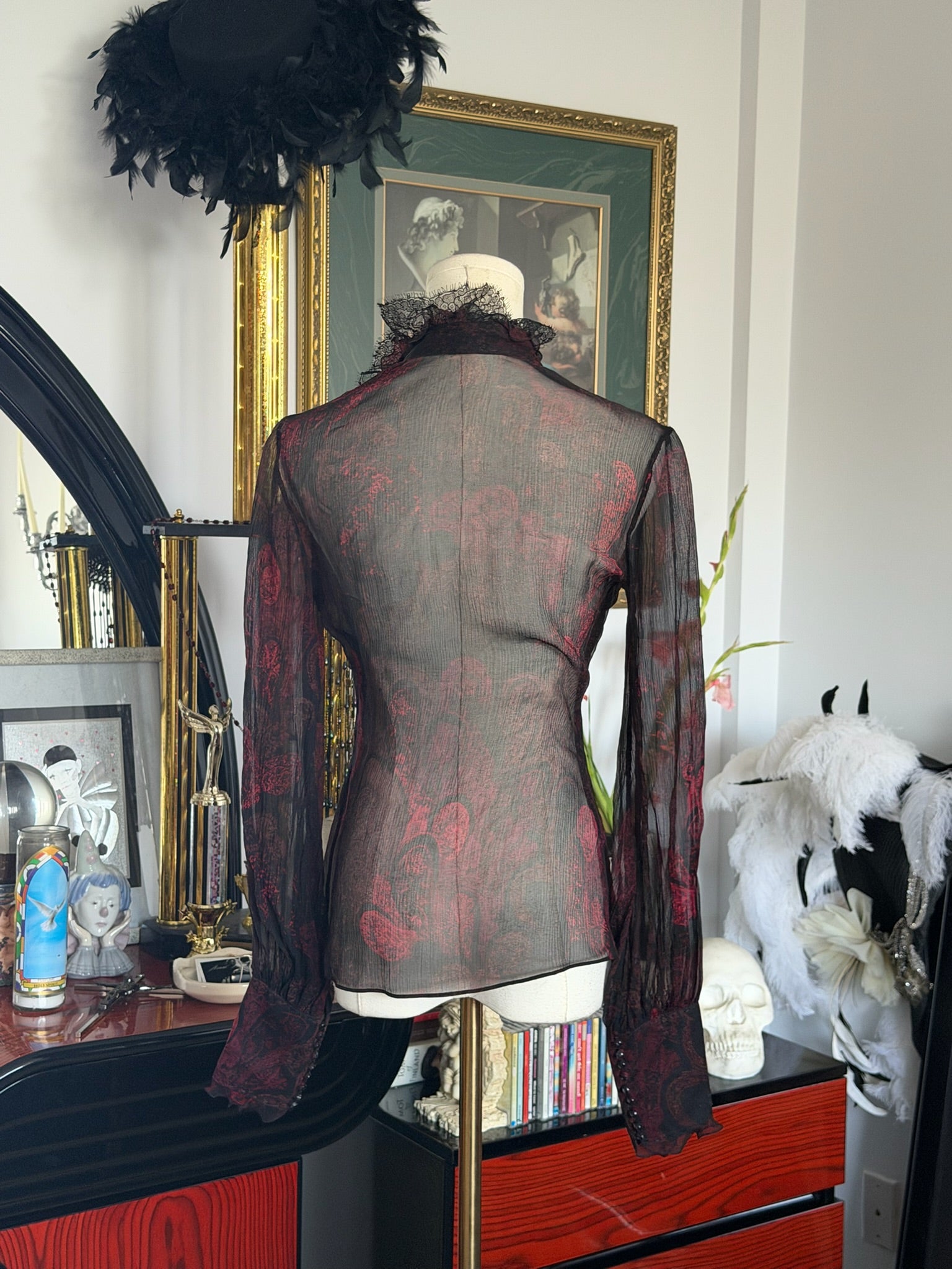 Eli Tahari Sheer Burgundy Gothic Ruffle Blouse