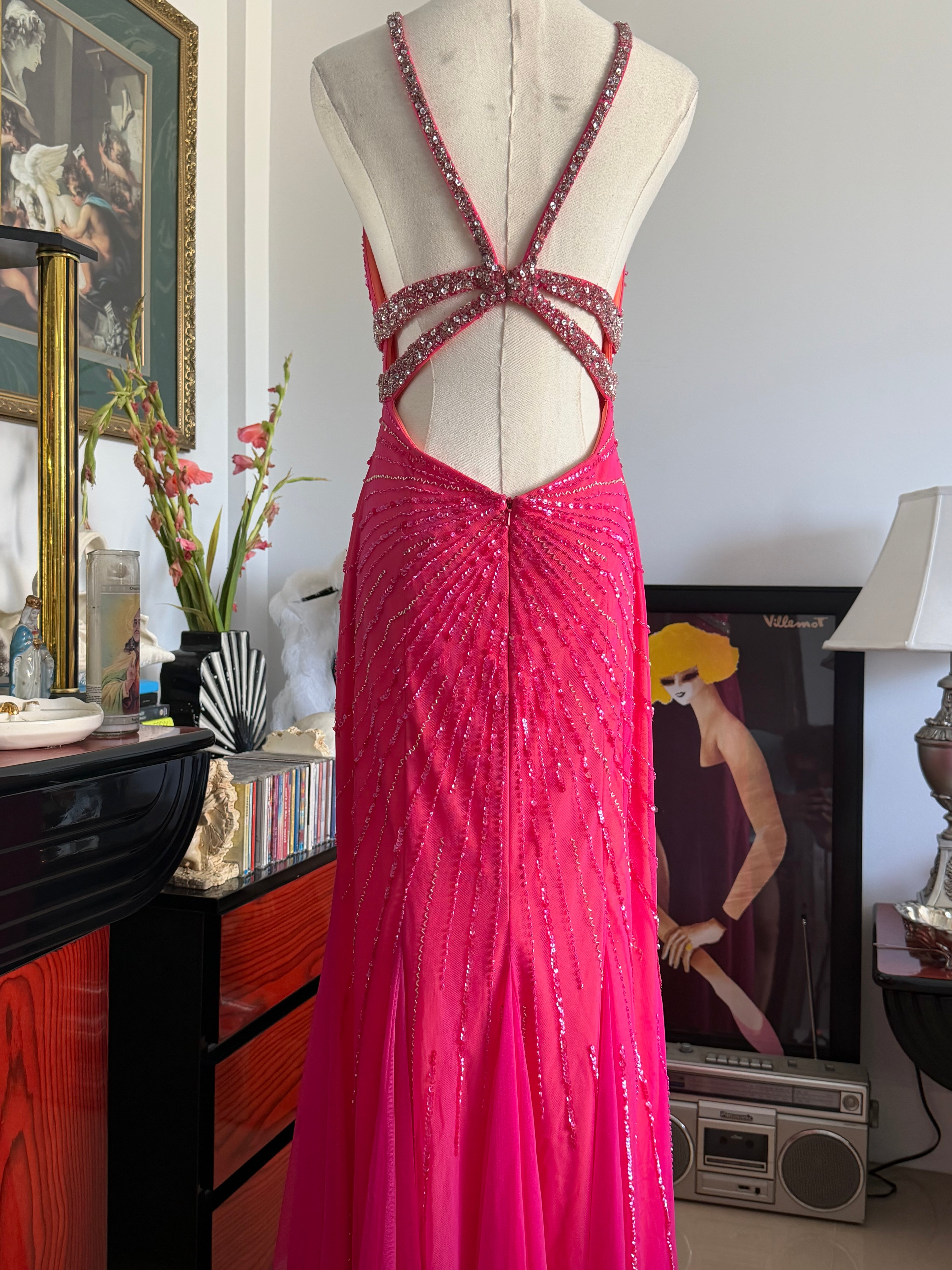 Cecily Brown Hot Pink Beaded Rhinestone Open Back Evening Gown