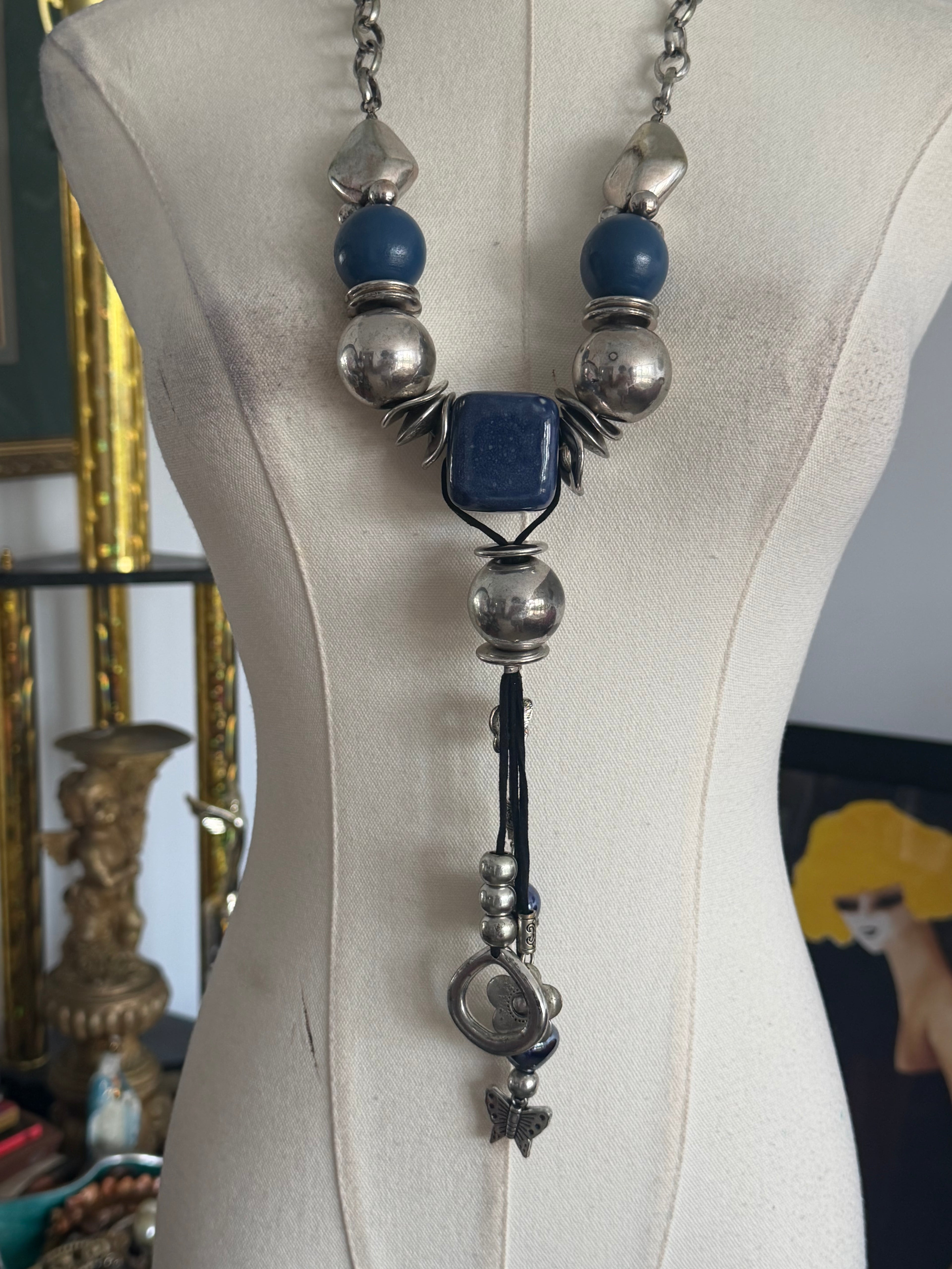 vintage blue silver statement necklace