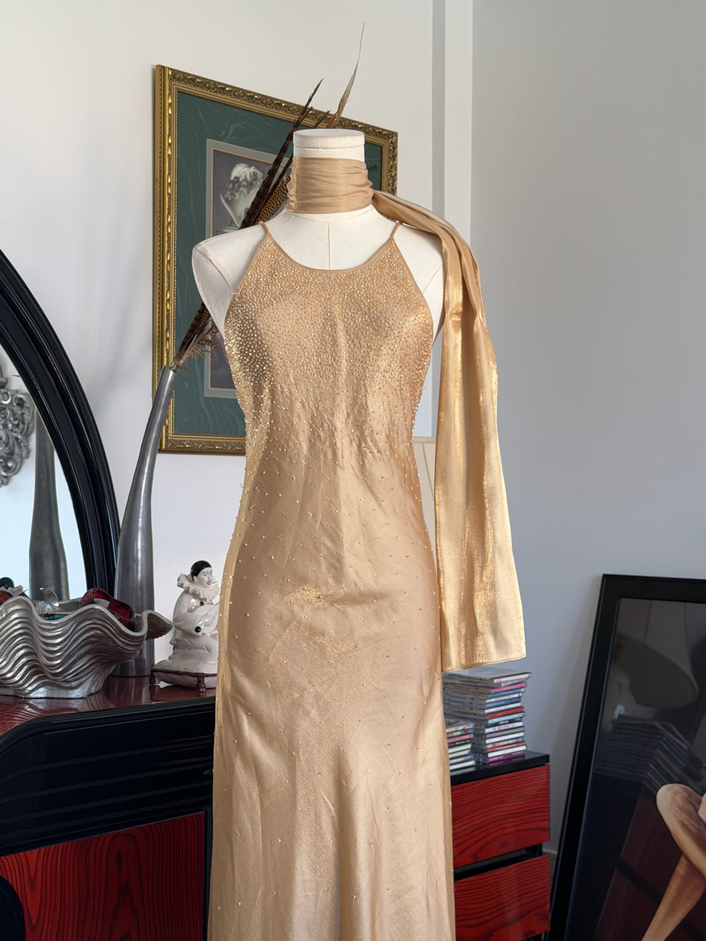 Champagne Gold Beaded Halter Gown + Scarf