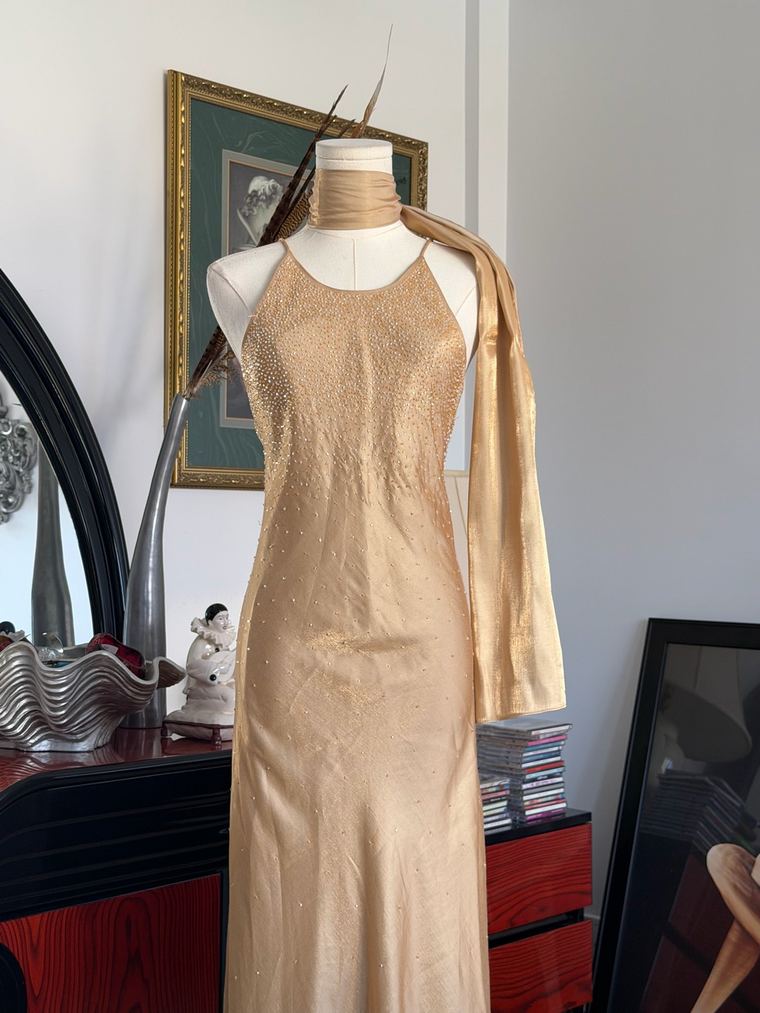 Champagne Gold Beaded Halter Gown + Scarf