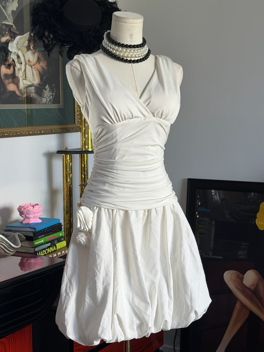 Laundry by Shelli Segal White Ruched Bubble Hem Dress