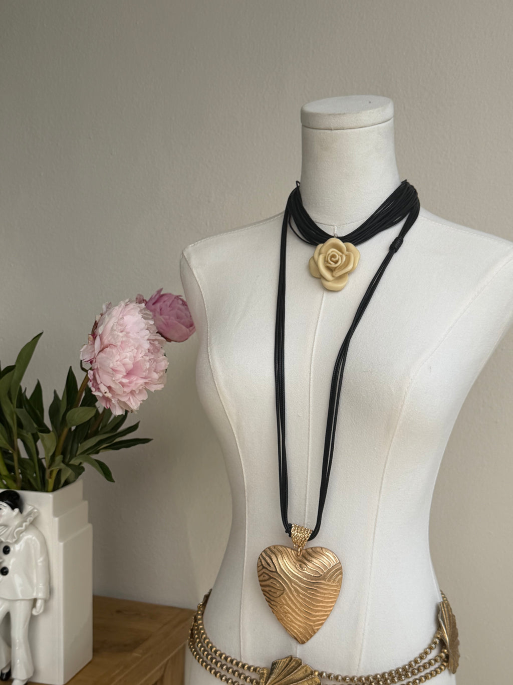 Gold Textured Heart Long Pendant Necklace