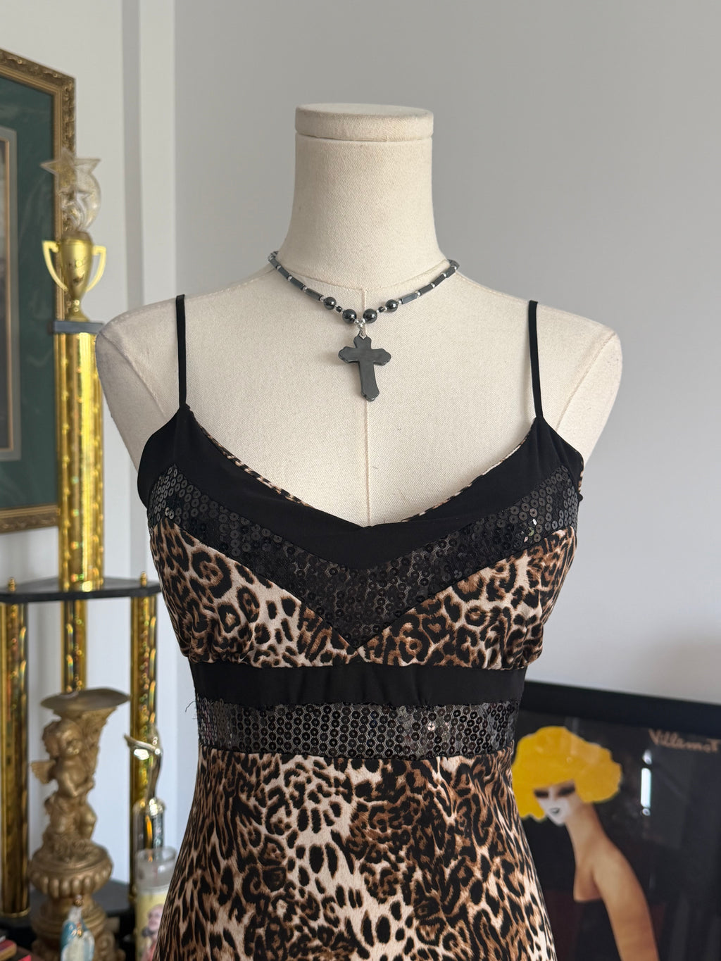 y2k leopard sheer sequin slip dress S-M
