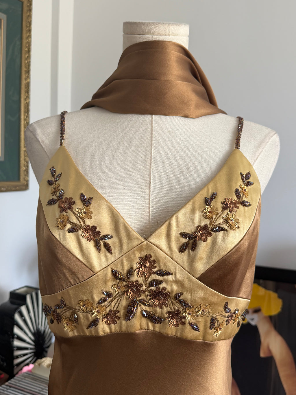 Vintage Silk Beaded Floral Bronze Evening Gown + Matching Scarf