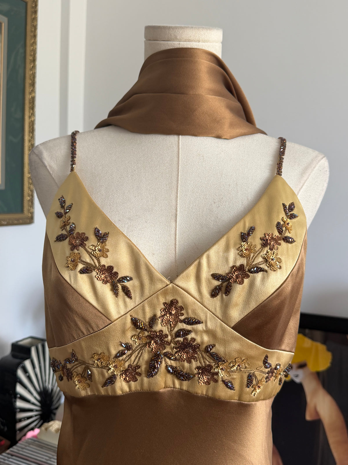 Vintage Silk Beaded Floral Bronze Evening Gown + Matching Scarf