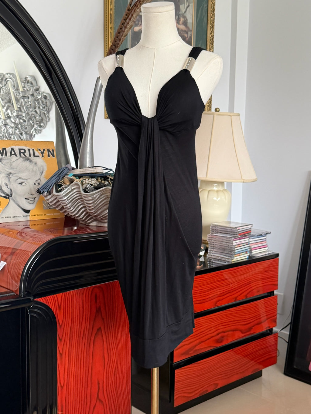 Black Draped Midi Dress (Minimal Sculpted Fit)