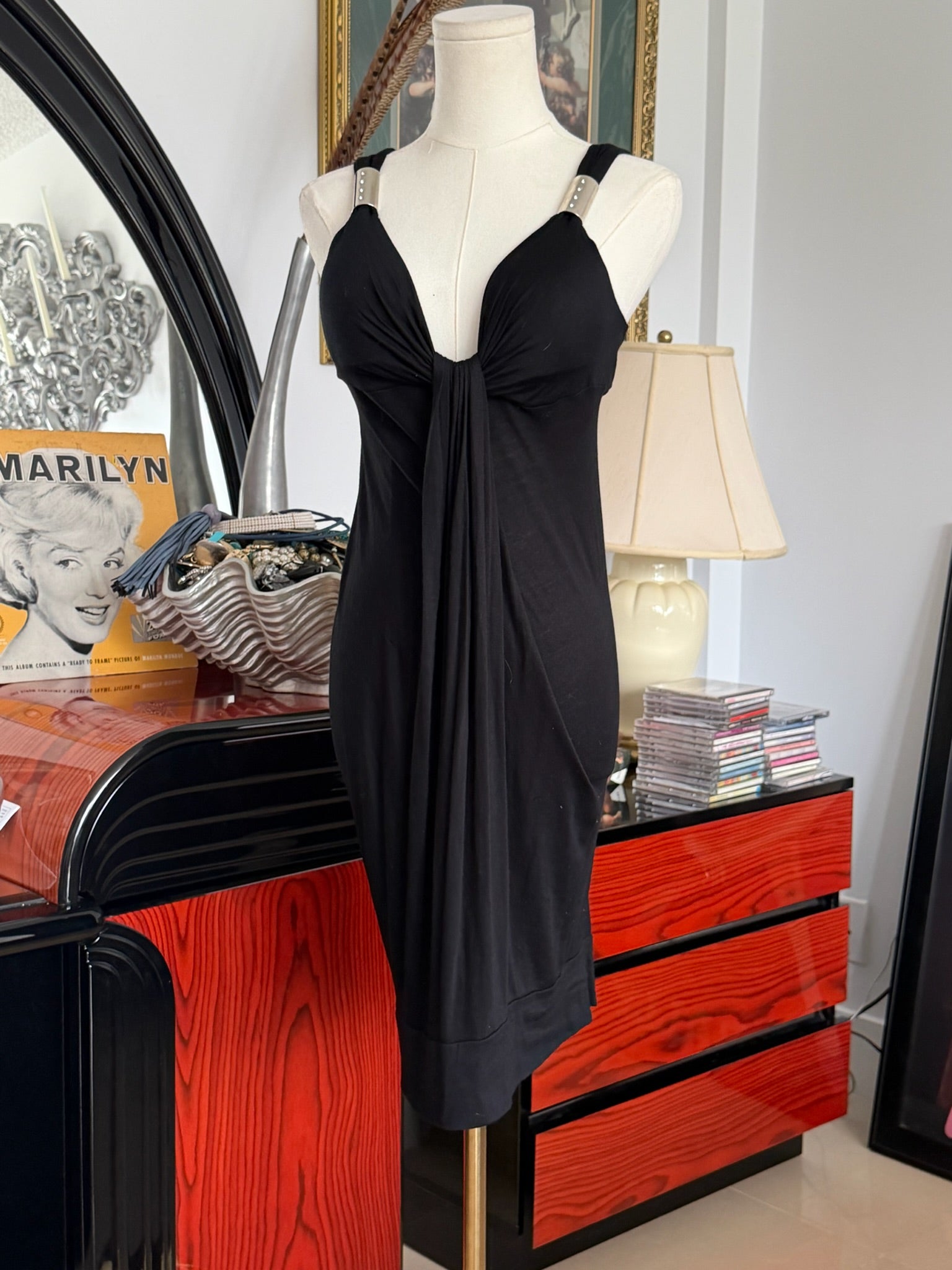 Black Draped Midi Dress (Minimal Sculpted Fit)