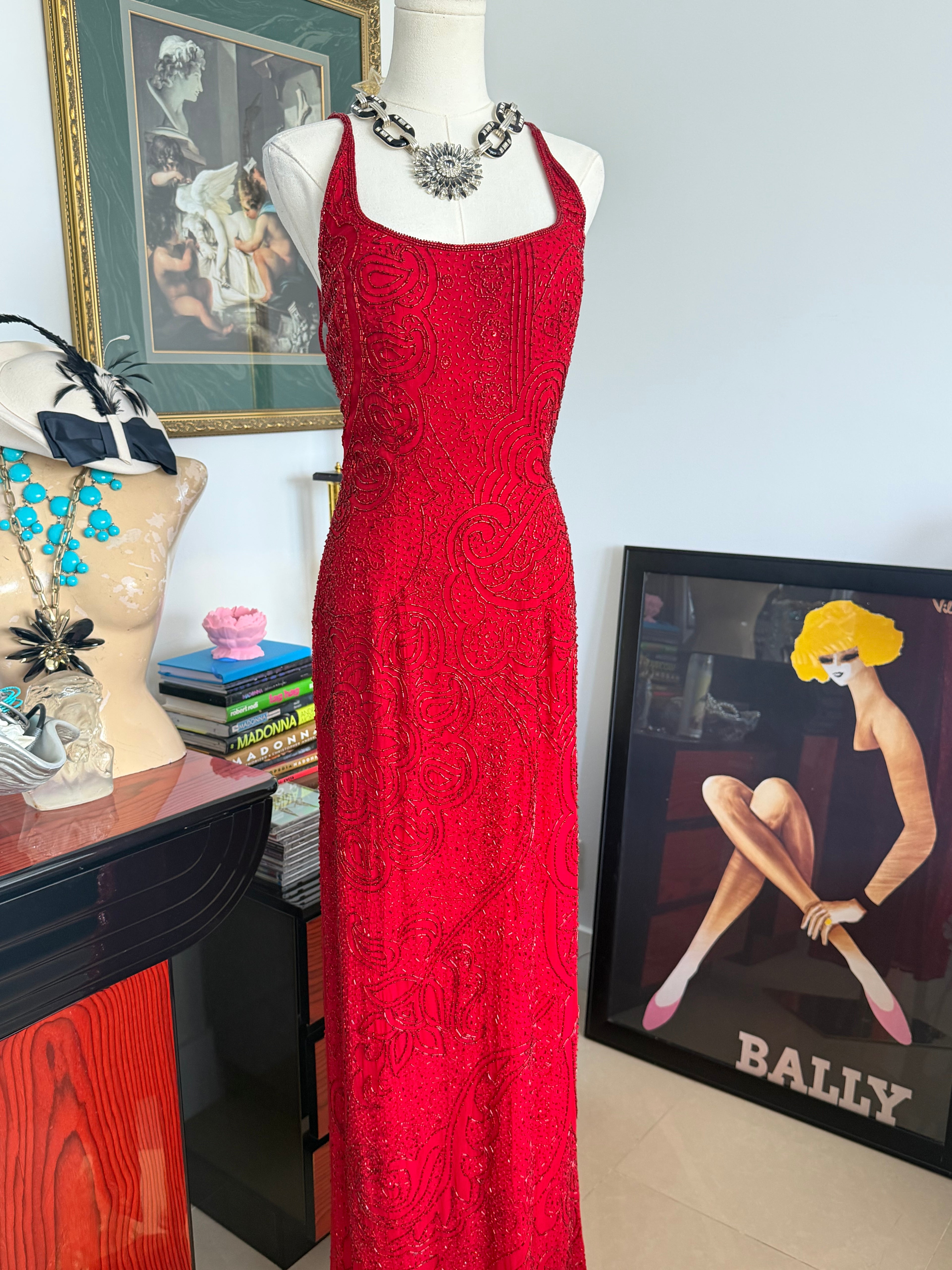 Vintage Cache Deadstock Fully Beaded Red Gown