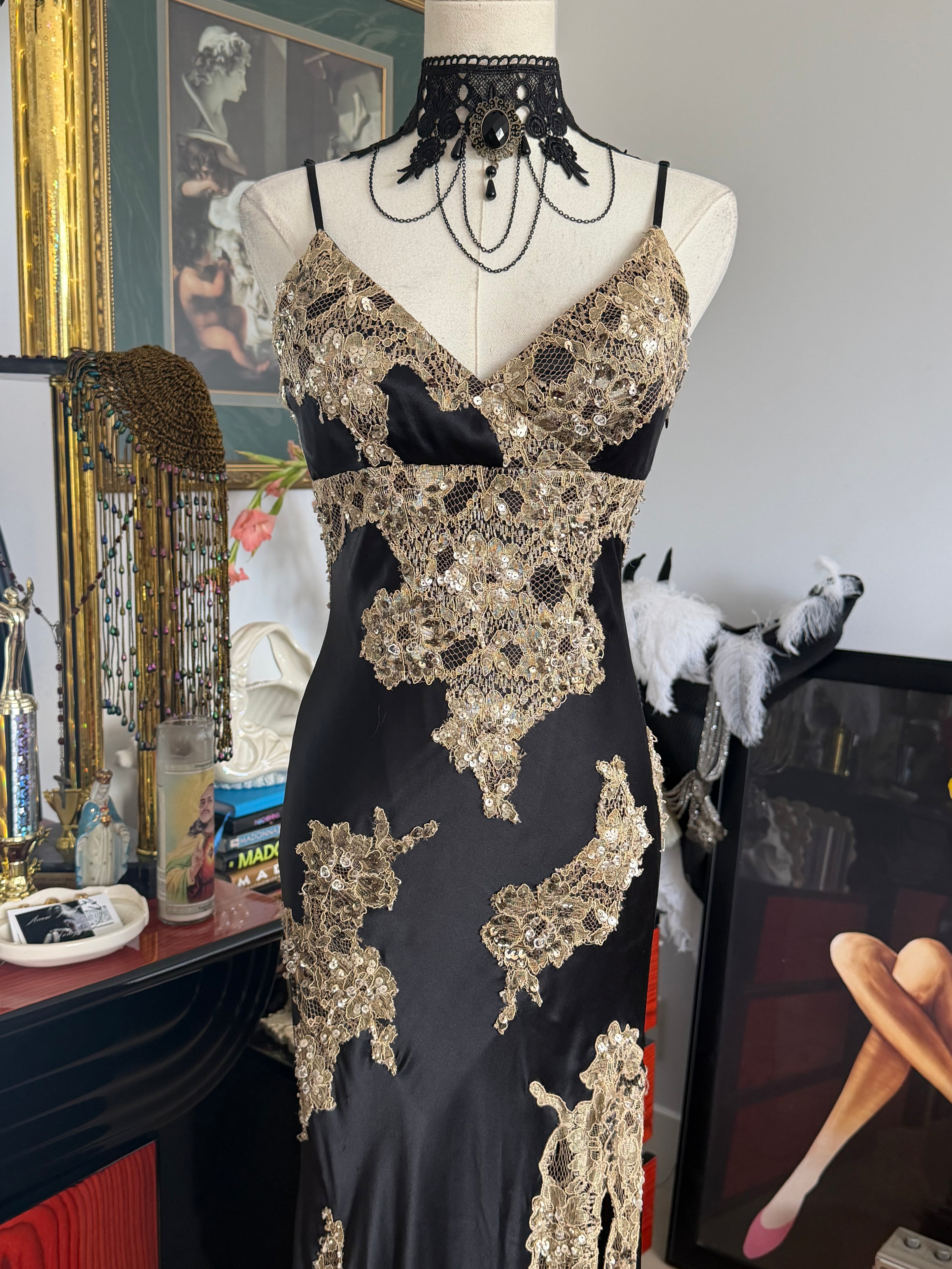 Vintage Caché Black & Gold Embellished Lace Evening Gown