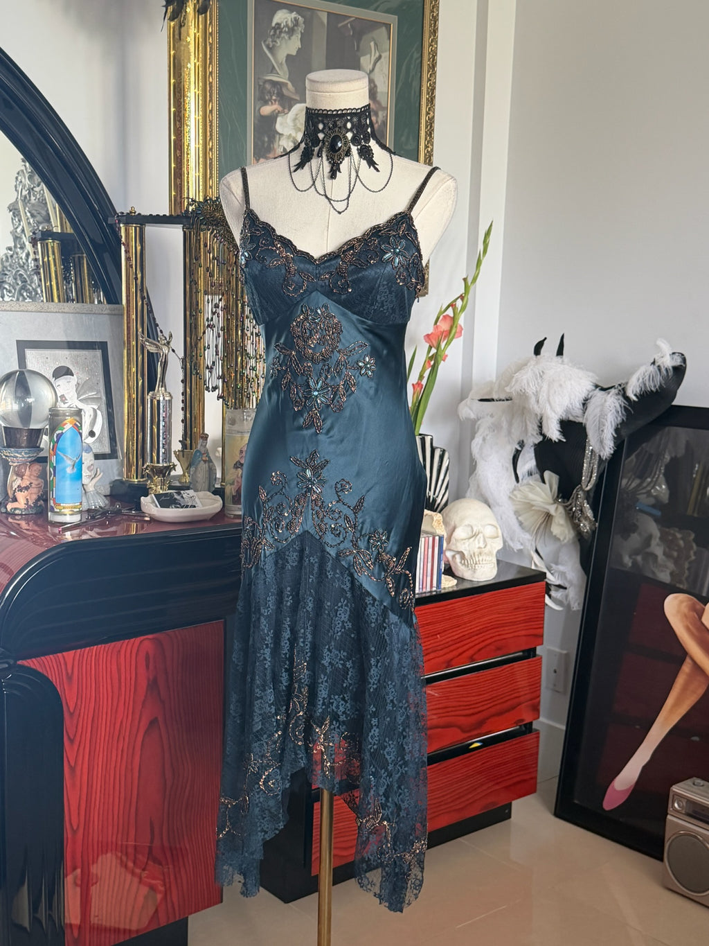 Cache Teal Beaded Lace Slip Dress 2