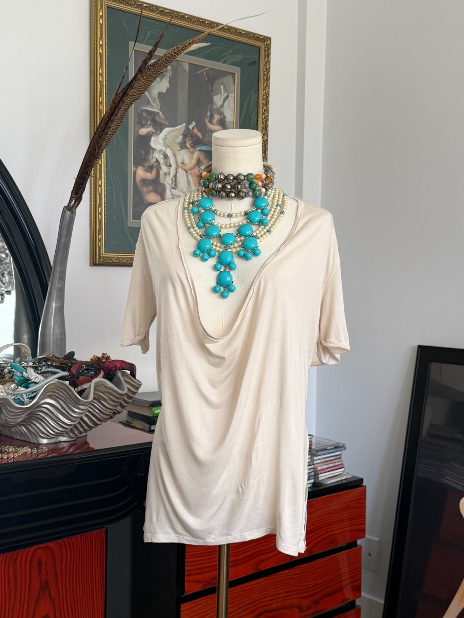 Nude draped deep cowl top