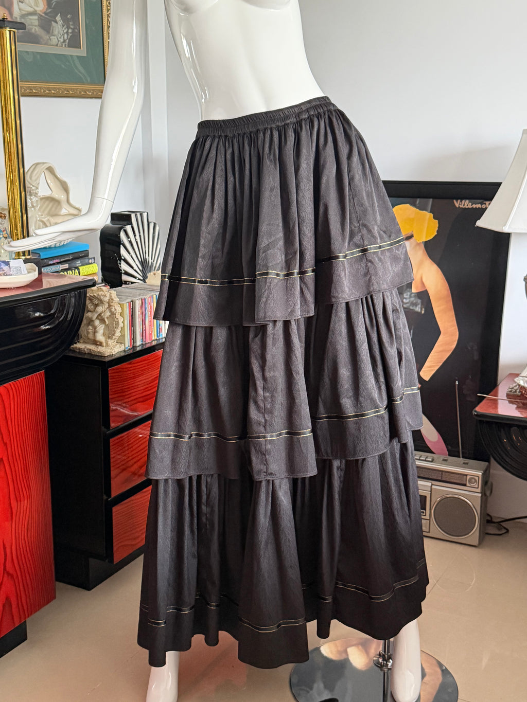 Vintage Black Tiered Maxi Skirt