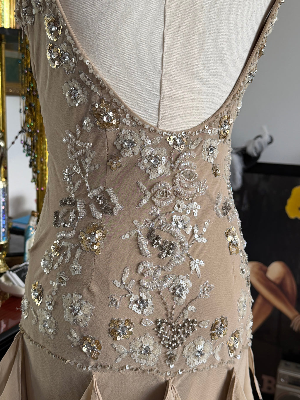 Sue Wong 100% Silk Hand Beaded Champagne Ruffle Dress