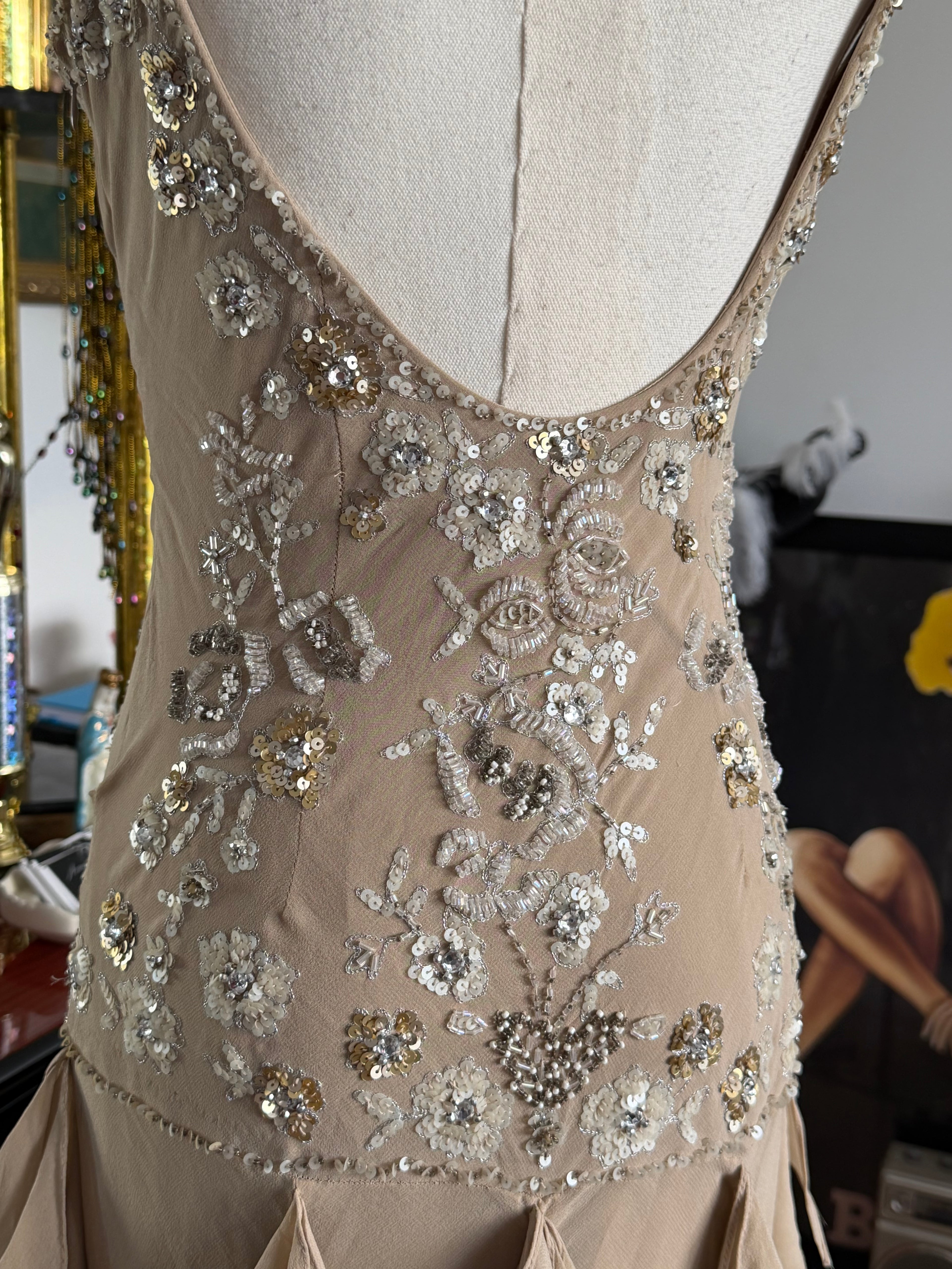 Sue Wong 100% Silk Hand Beaded Champagne Ruffle Dress