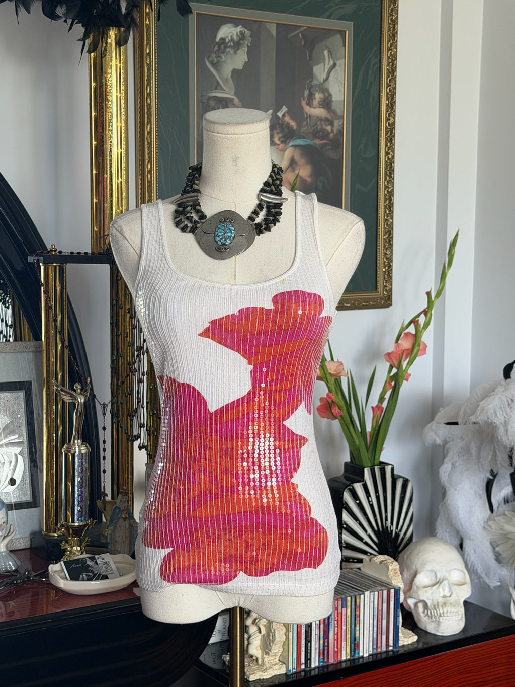 White Floral Sequin Knit Tank