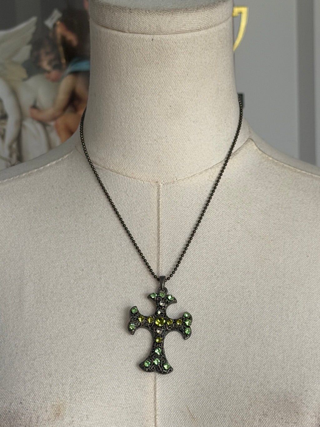 Vintage Green Rhinestone
Cross Necklace