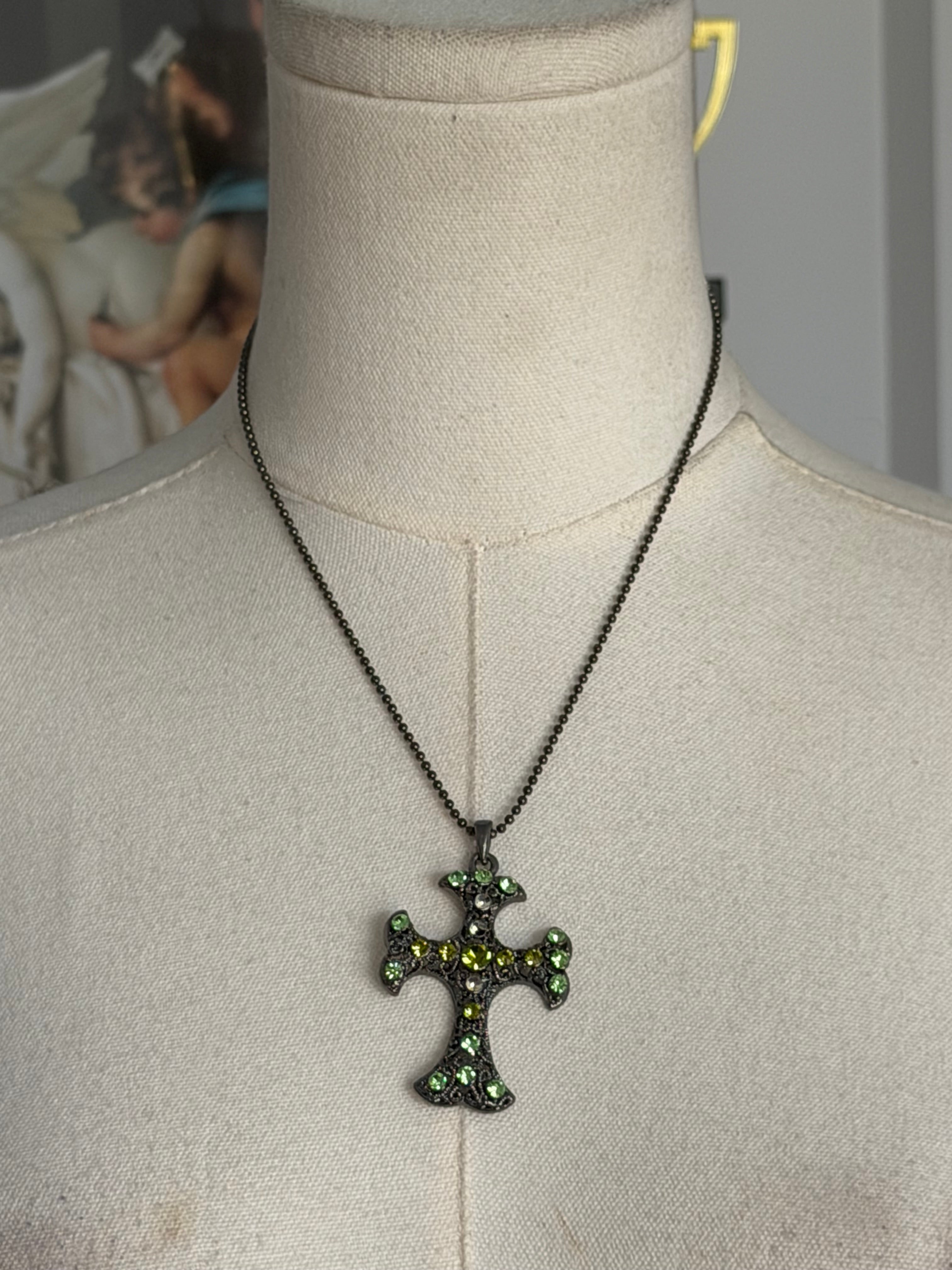 Vintage Green Rhinestone
Cross Necklace