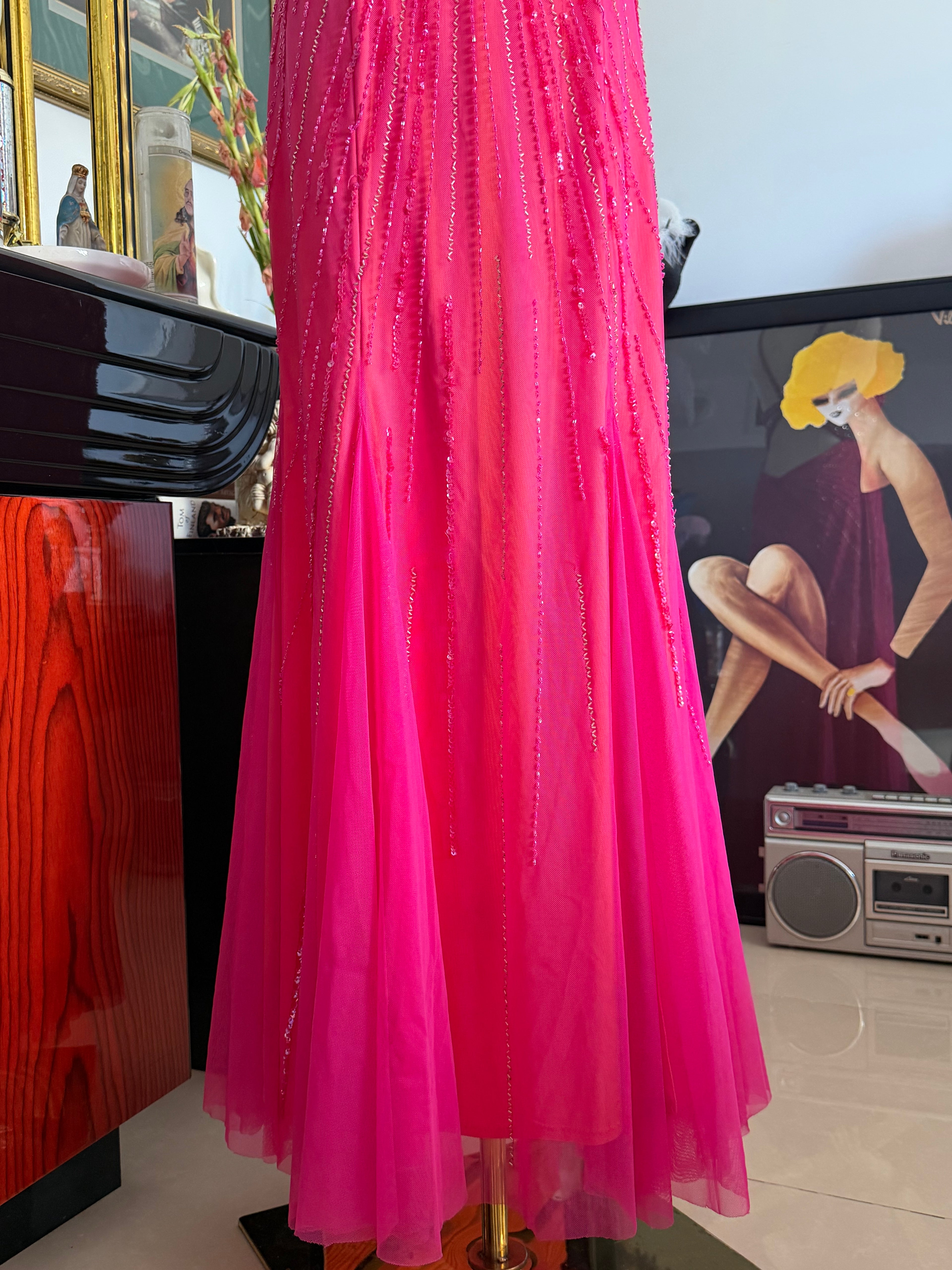 Cecily Brown Hot Pink Beaded Rhinestone Open Back Evening Gown