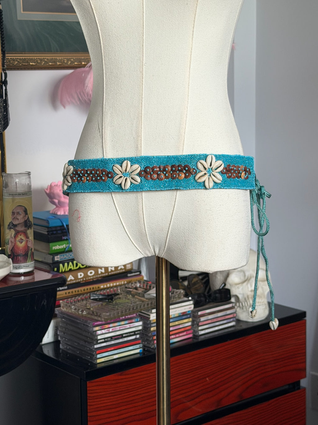 Y2K Turquoise Beaded Cowrie Shell Belt | Boho Sequin Tie Waist Belt