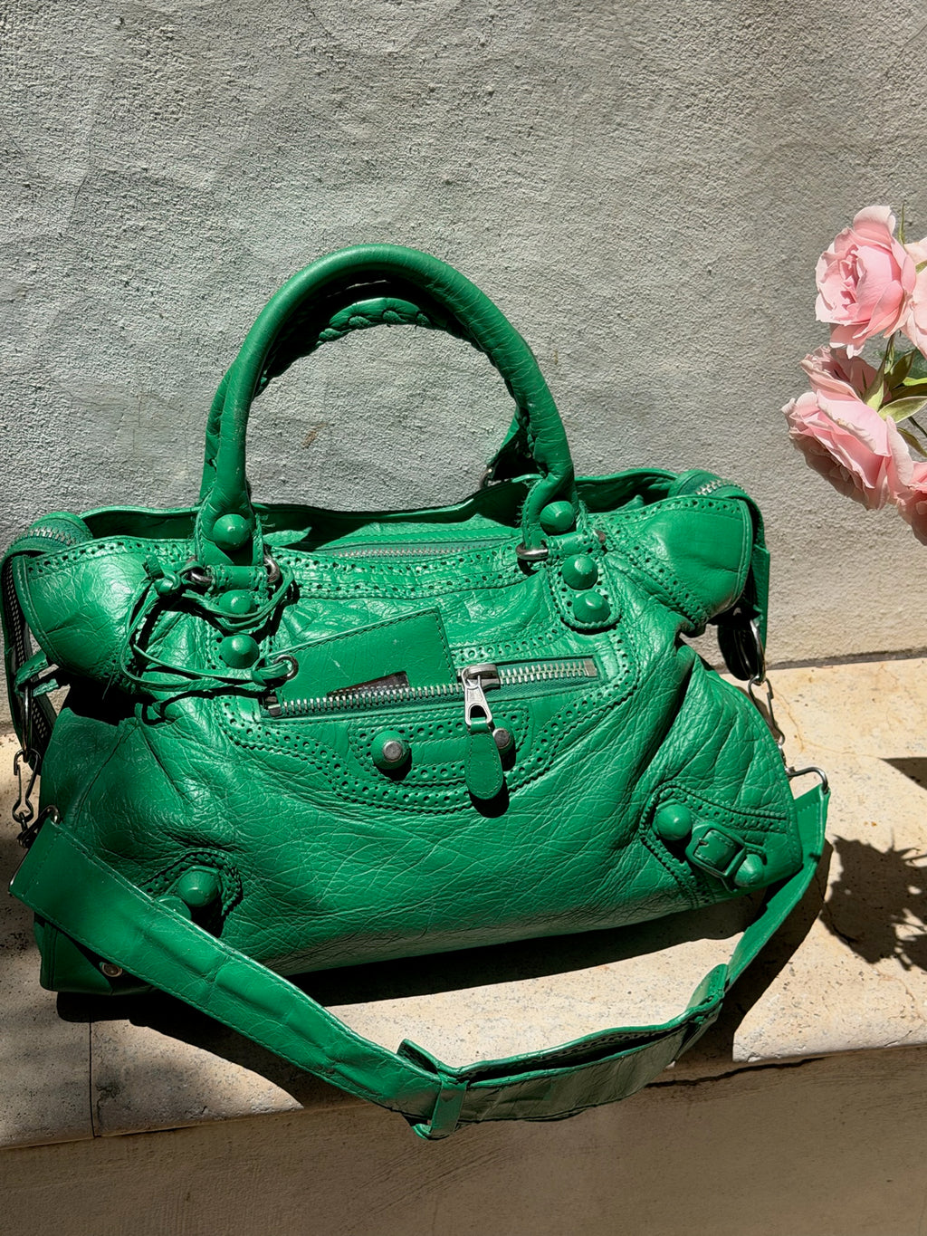 Balenciaga City Brogue Bag – Emerald Green Perforated Motorcycle Leather (2010s)